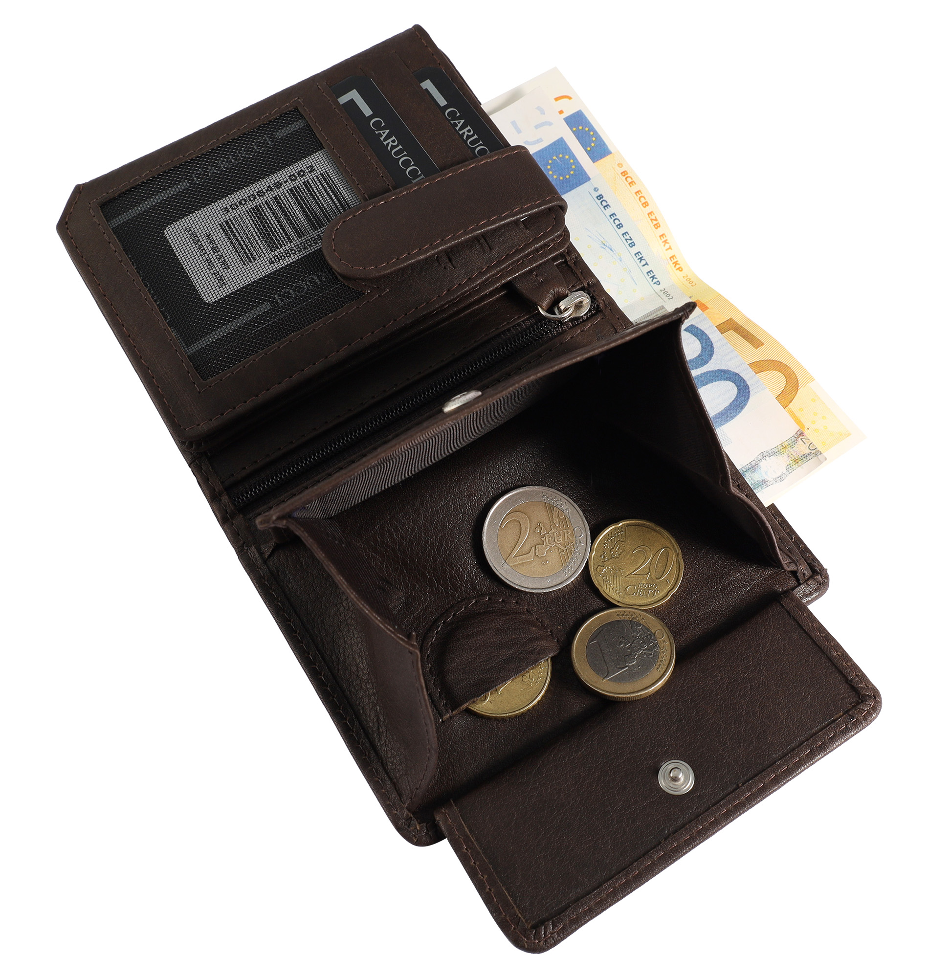 Carucci Echtleder (Bonanza) Geldbörse mit Box, RFID, Hochformat, dunkelbraun/ braun
