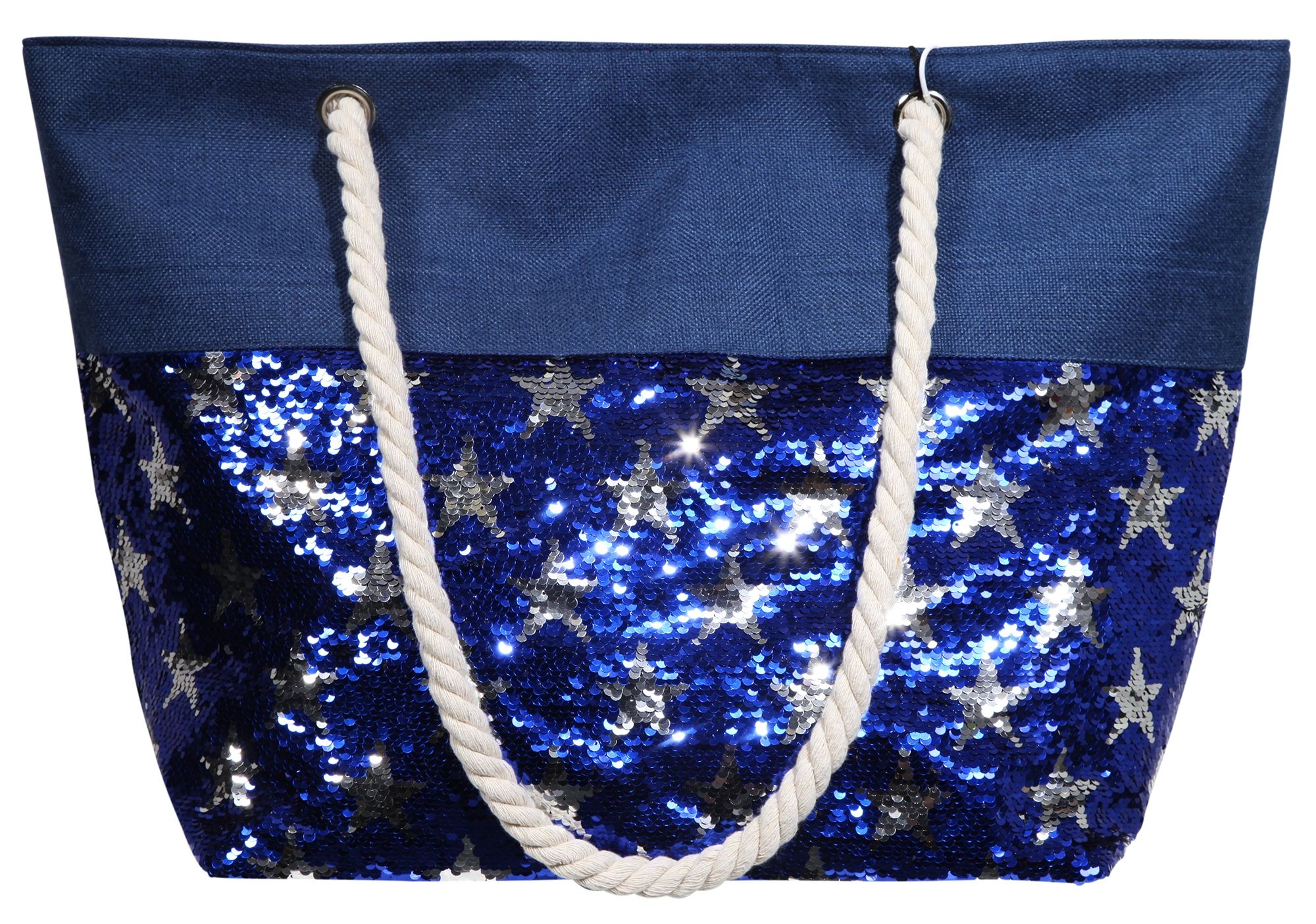 Strandtasche mit wendbaren Pailetten mit Sternmotiv in Blau