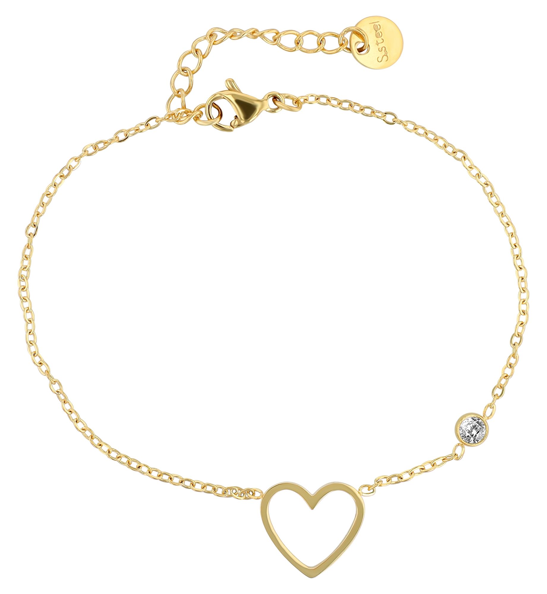 "Anjul" Akzent Armband, Herzanhänger und Zirkonia, Edelstahl, 17 + 3 cm, goldfarben