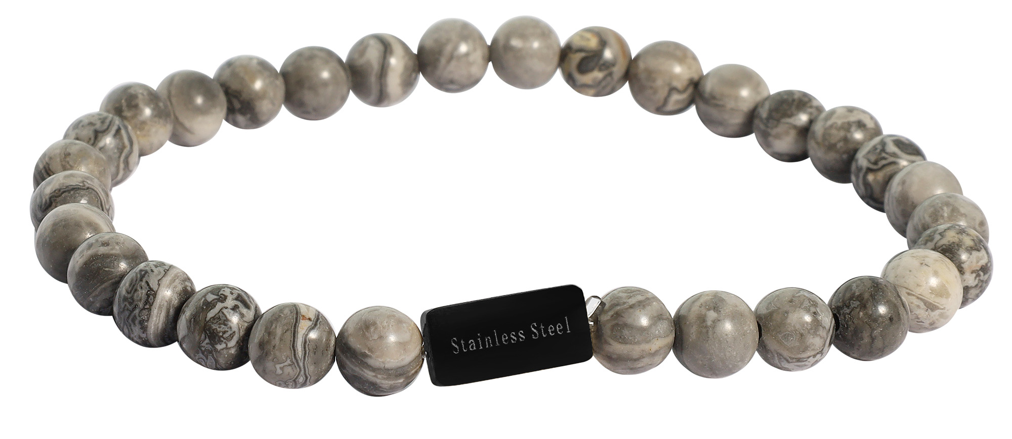 "Bodhi" Akzent Kugelarmband, Naturstein (net jasper), gravurfähiges Edelstahlelement - schwarz