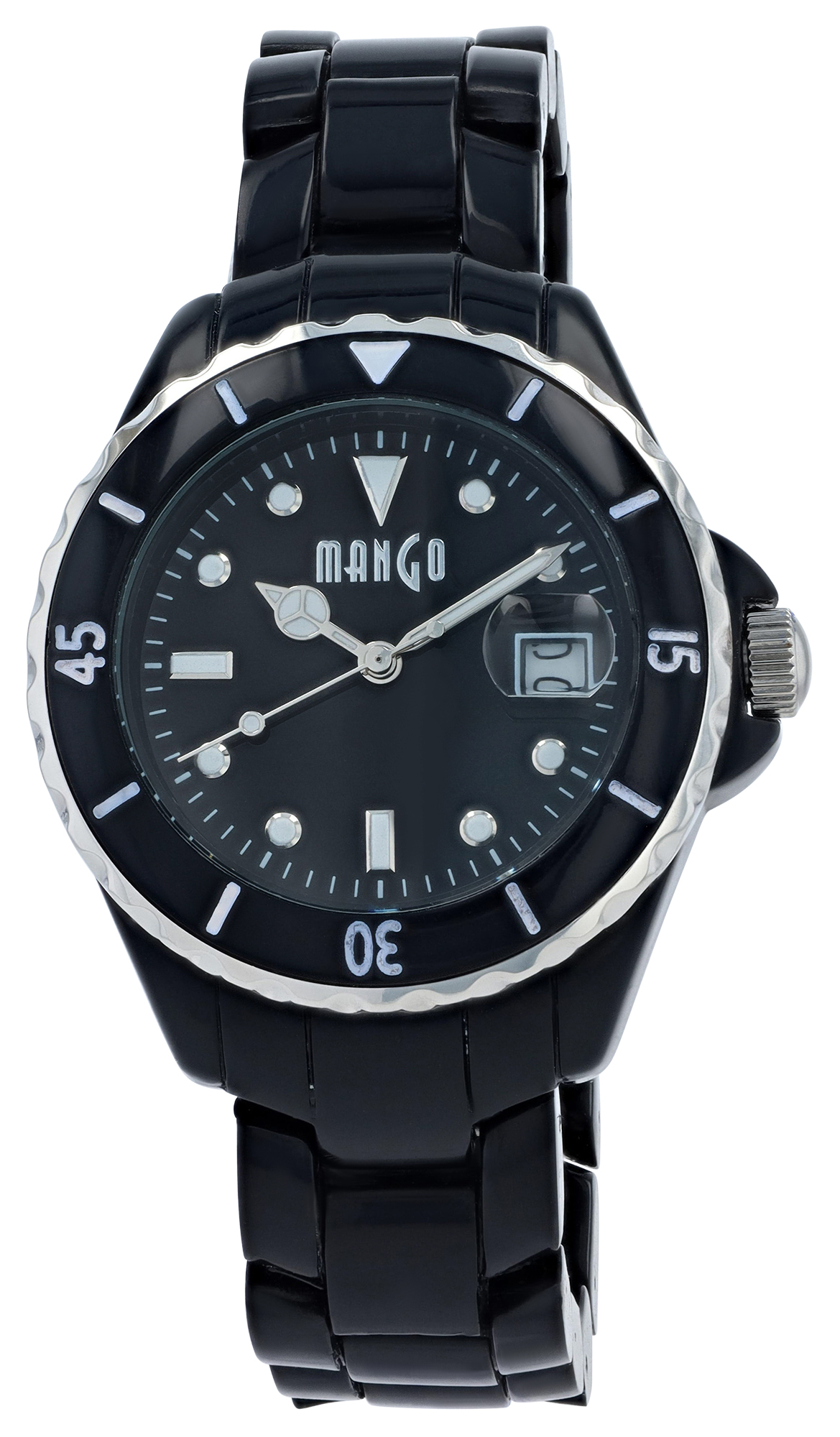 Mango Damenuhr Ø 40 mm, Kunststoffband, schwarz/ silberfarben