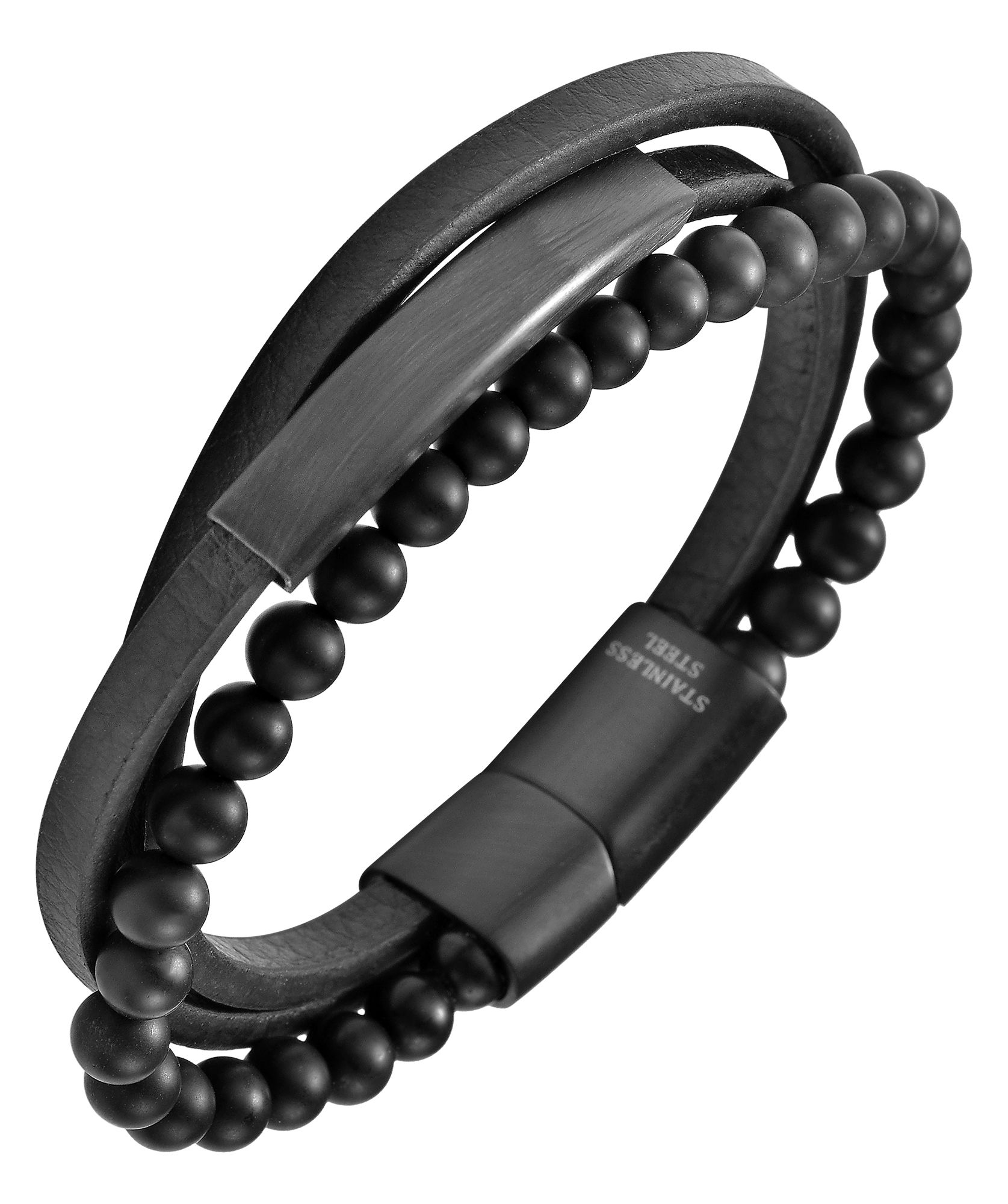 "Jaimy" Armband, Gravurplatte, Lederimitat/ Edelstahl/ Onyx, schwarz, 21 cm
