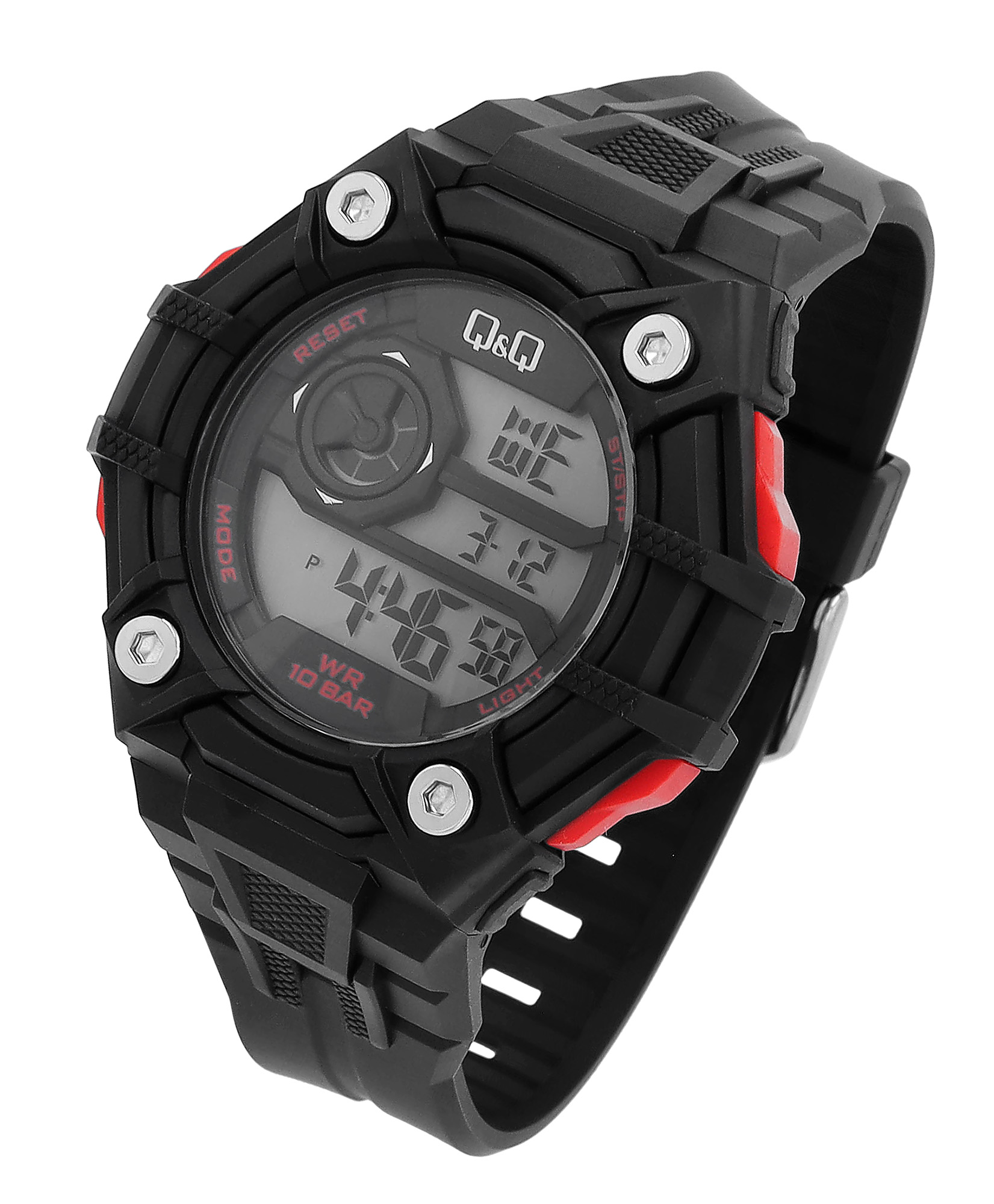 Q&Q Herren Digitaluhr, Silikonarmband, multifunktion, schwarz/rot