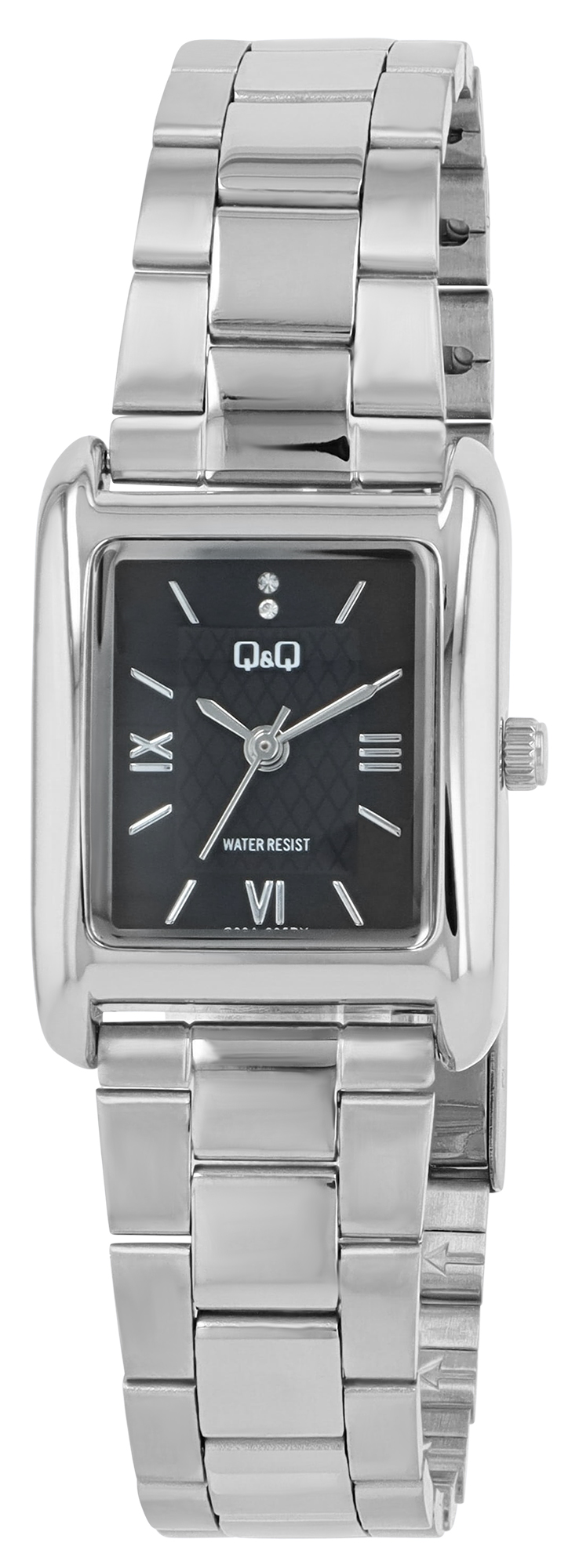 Q&Q Damenuhr (rechteckiges Gehäuse 30 × 22 mm), Edelstahlband, silberfarben/ schwarz