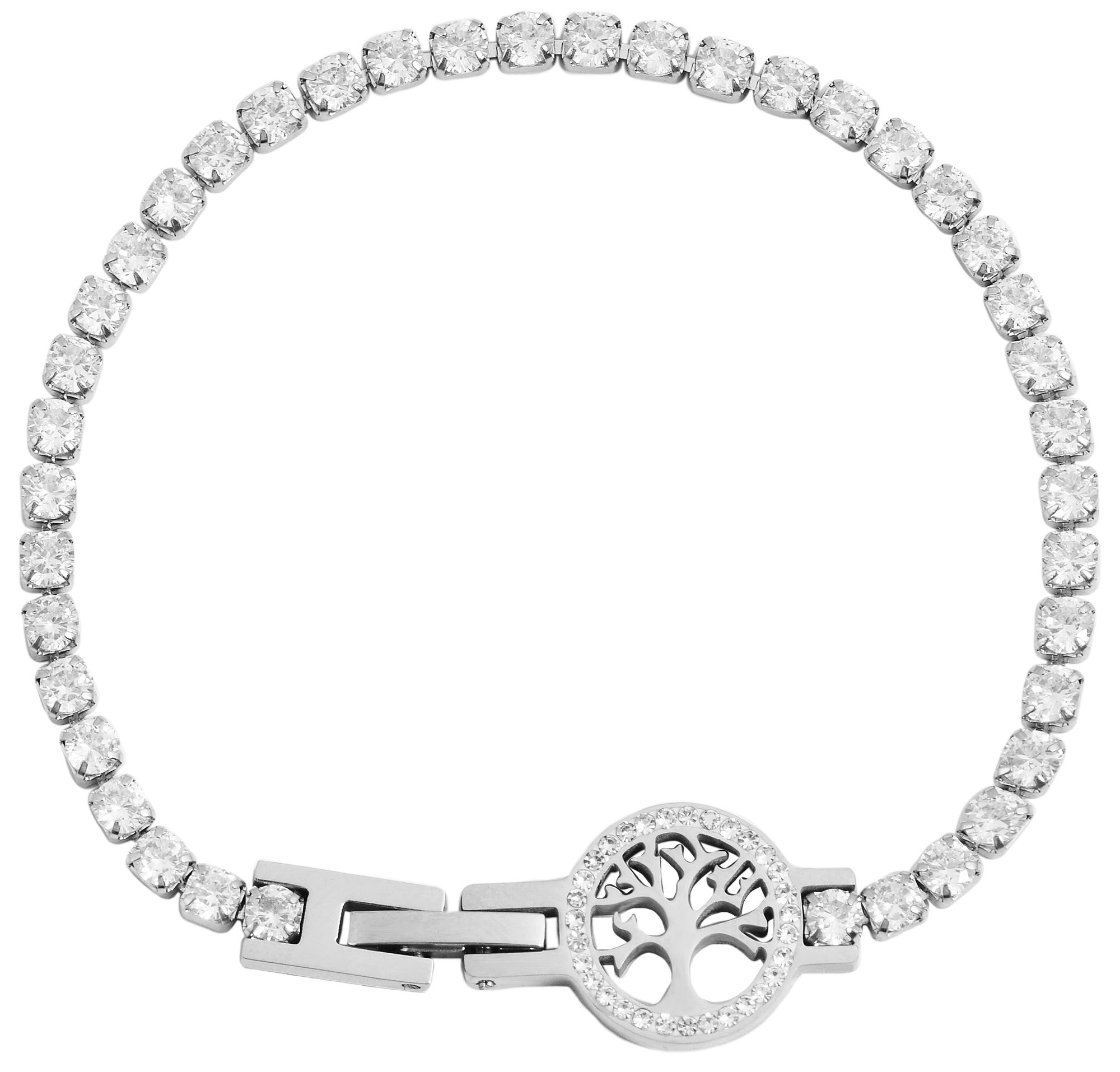 "Linny", Akzent Tennisarmband, Lebensbaum, Edelstahl, Similibesatz, silberfarben, 17 cm