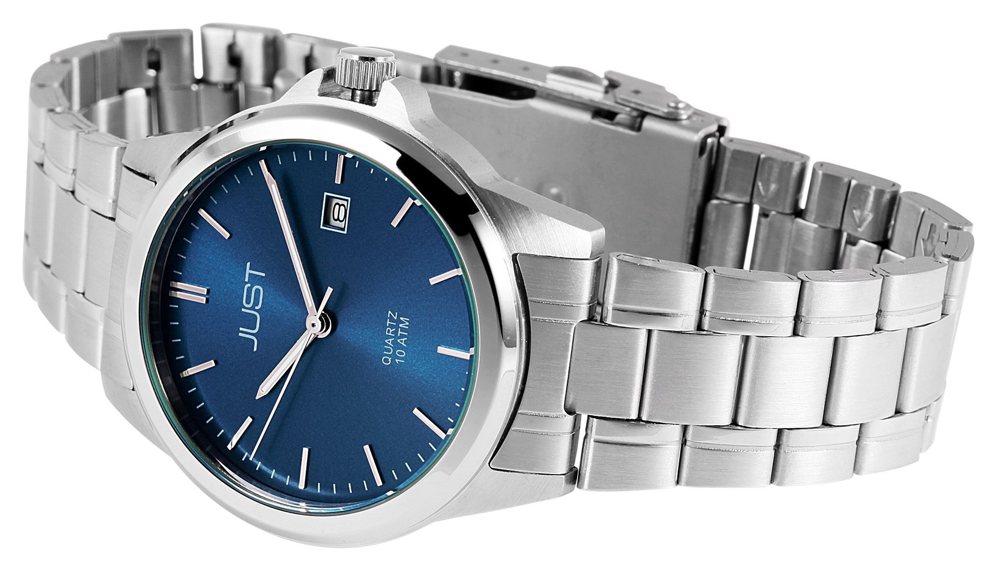 Just "Baroon" Herrenuhr mit Edelstahlband, 3-Zeiger, Datumsanzeige, silberfarben, petrolfarbenes ZB