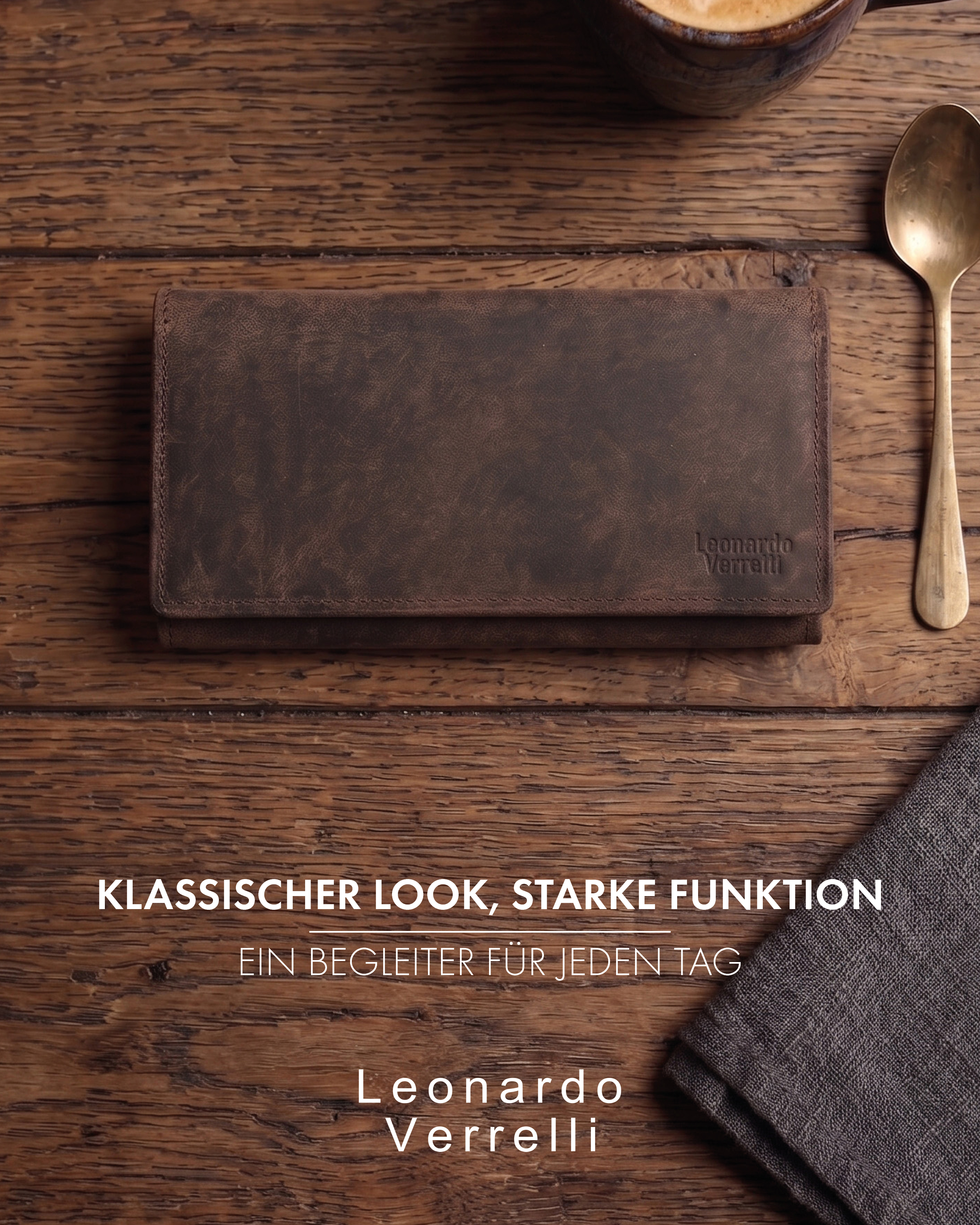 Leonardo Verrelli Echtleder (Hunter) Damen Geldbörse, Querformat, RFID, dunkelbraun
