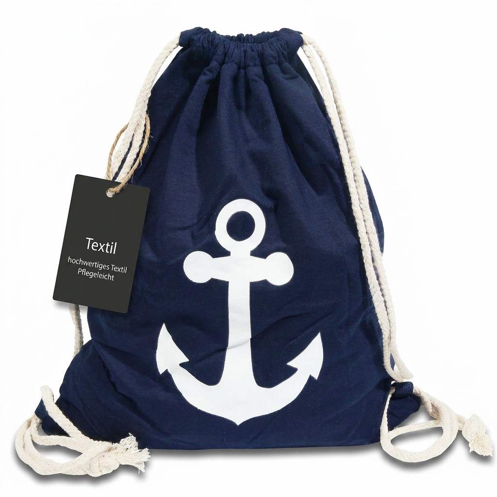 Turnbeutel aus Textil, Anker, blau/weiß
