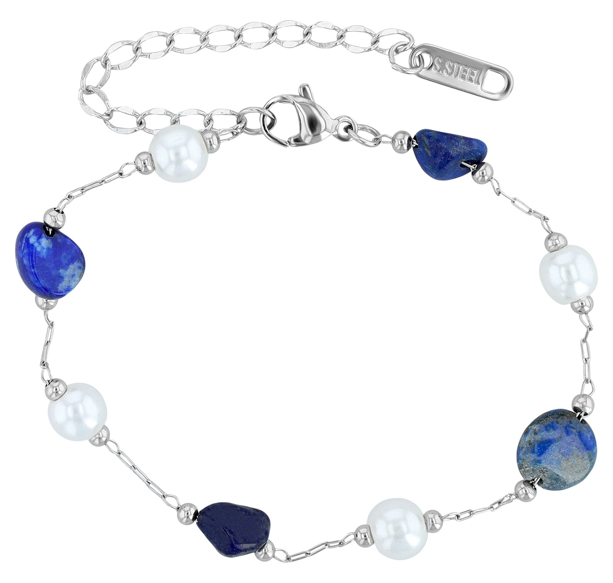 Edelstahl Armband "Marga"mit Süßwasserperlen und Lapis Lazuli Steinen, 23 cm  + 5,5 cm