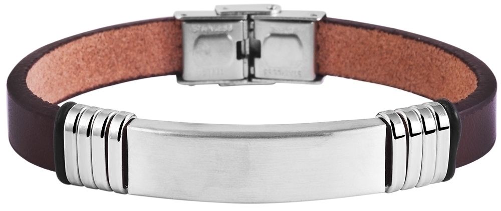 "Blazej" Armband aus Echtleder, Gravurplatte, Edelstahl, Dunkelbraun