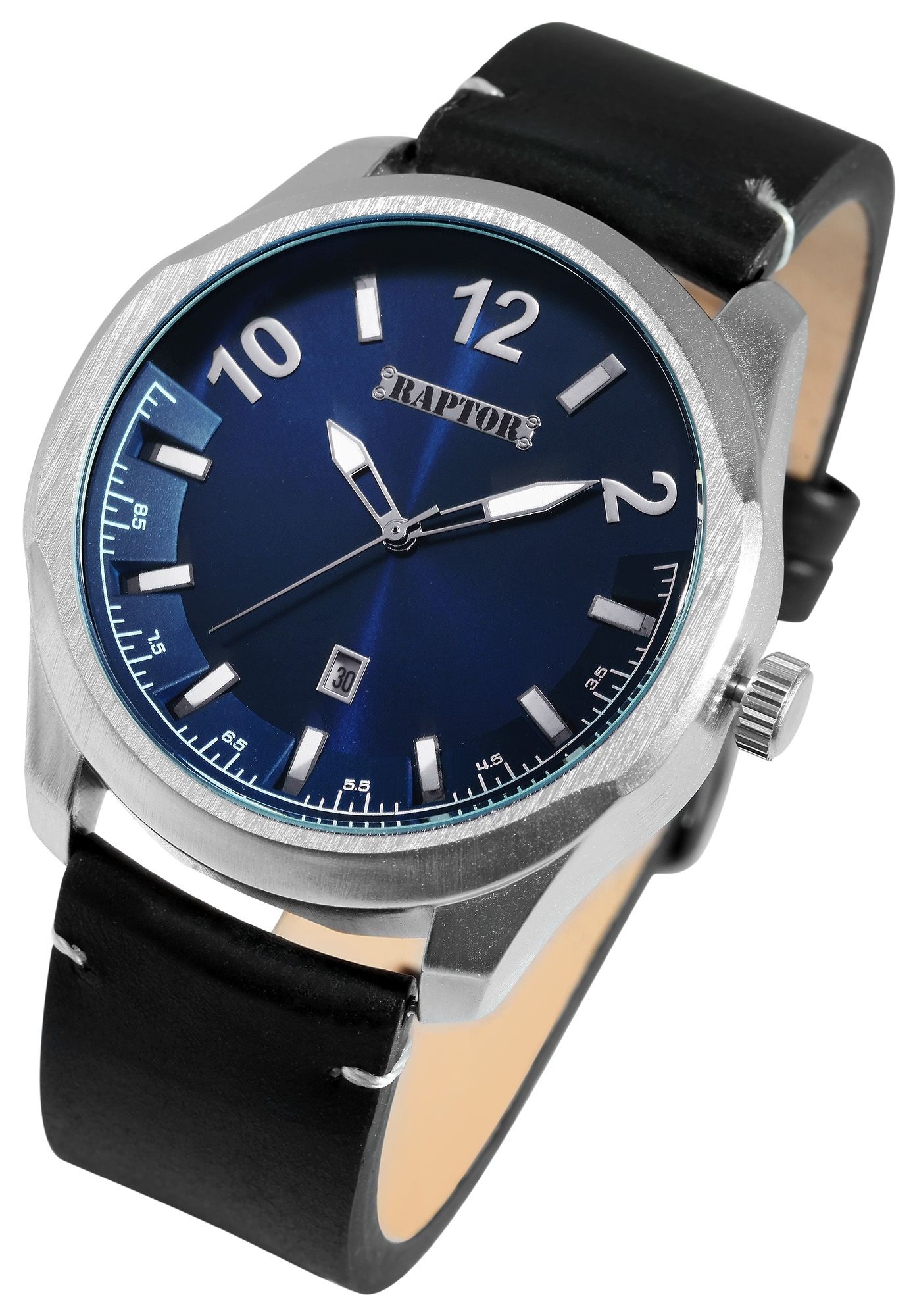 Raptor Herrenuhr "Charley" mit Echtlederarmband, Datumsanzeige, schwarz/blau