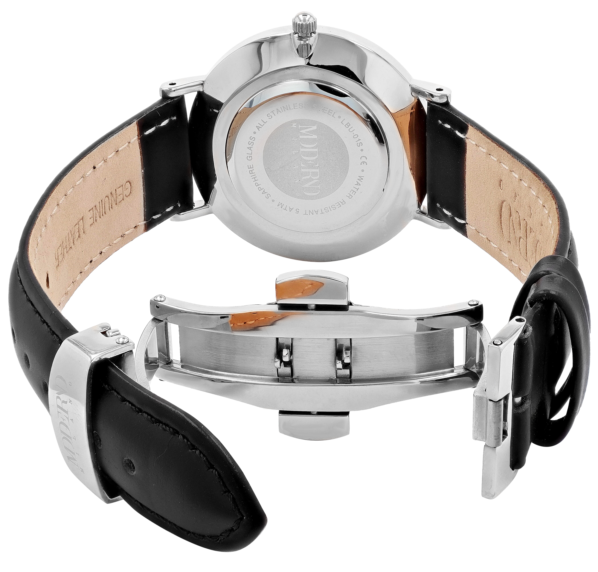 Moderno Milano Edelstahl Damenuhr Ø 36,5 mm, Echtlederband, Saphirglas, schwarz/ silberfarben