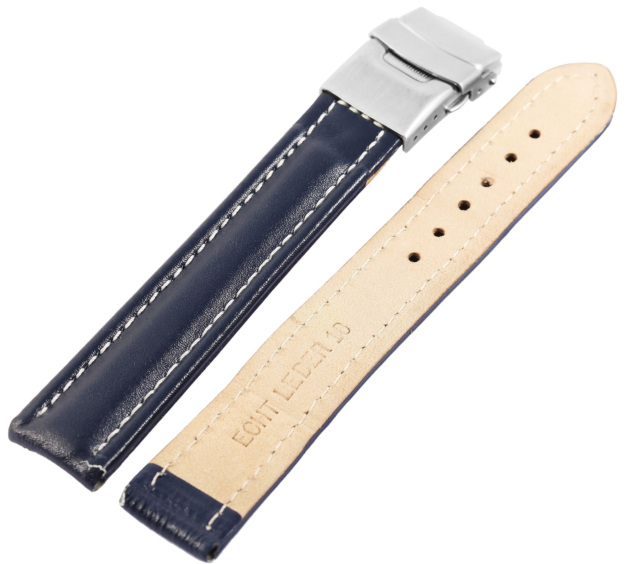 Echtleder-Uhrenarmband, blau, weiße Naht, Faltschließe, 16 mm