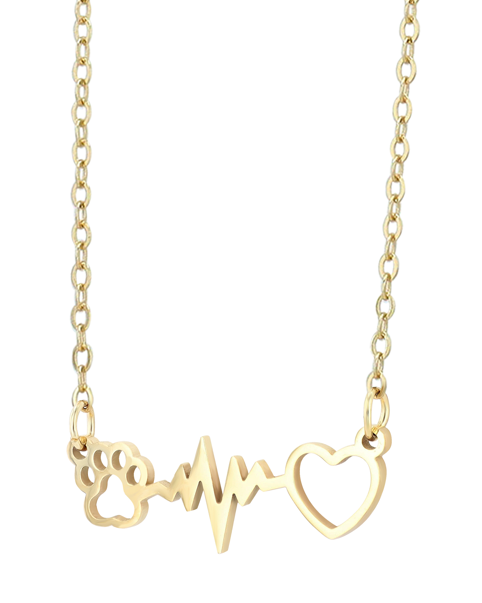 "Lieblingspfote" Edelstahl Kette mit Anhänger - Pfoten, Herz & Herzschlag, 43 + 5cm, goldfarben
