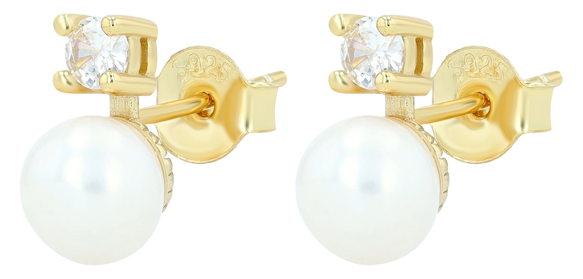 "Alma" 925/- Echt Silber Ohrstecker - echte Süßwasserperle (6mm)/ Zirkonia, vergoldet