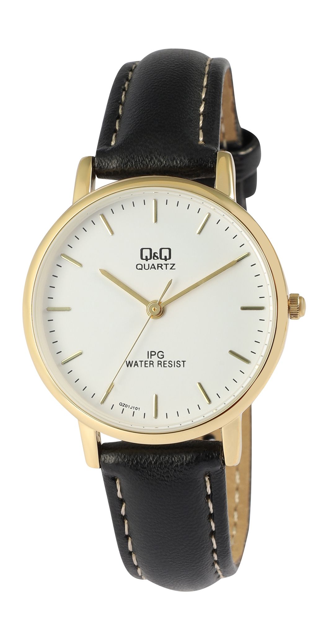 Q&Q Damenuhr mit Lederimitationsarmband, 3 bar, schwarz/goldfarben