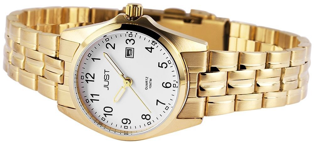 Just "Esrah" Edelstahl Damenarmbanduhr, 3-Zeiger, Datumsanzeige, goldfarben/ weißes ZB