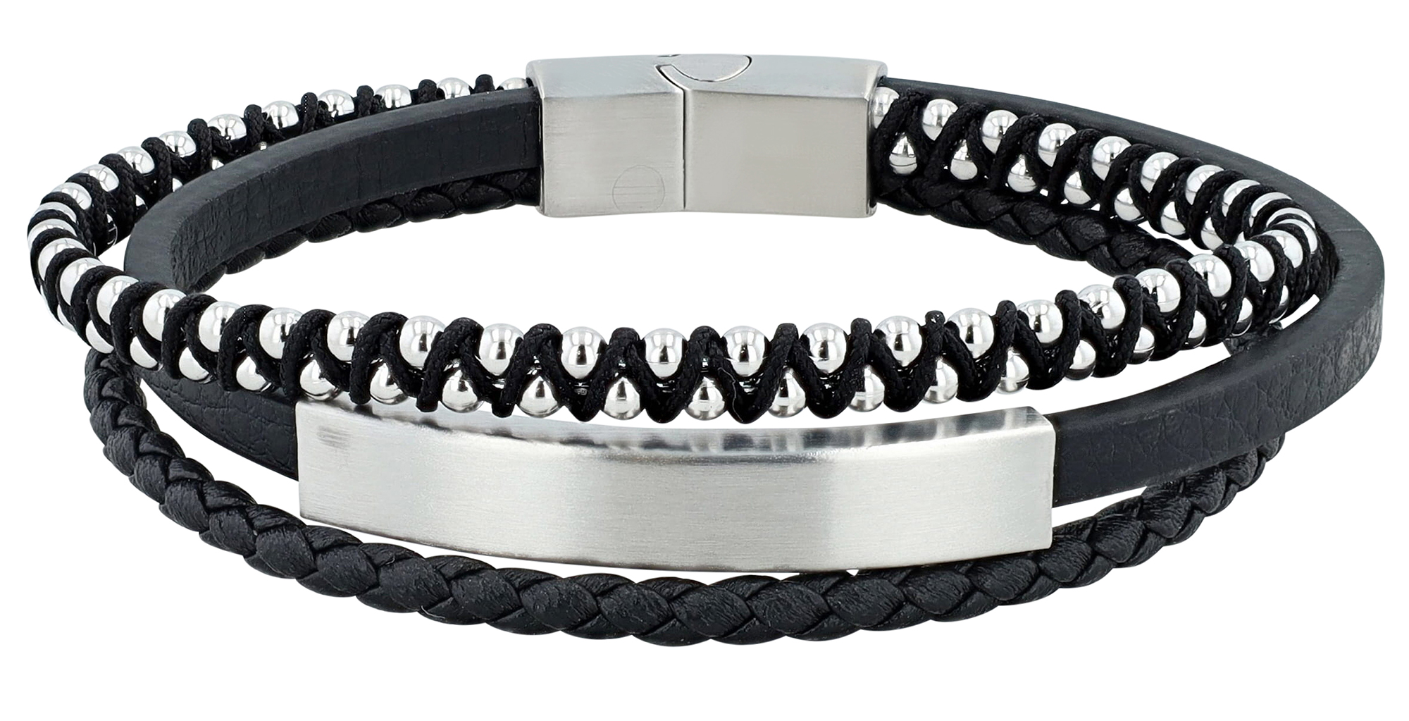Akzent Armband mit Gravurplatte aus Echtleder und Edelstahl, schwarz/silberfarben