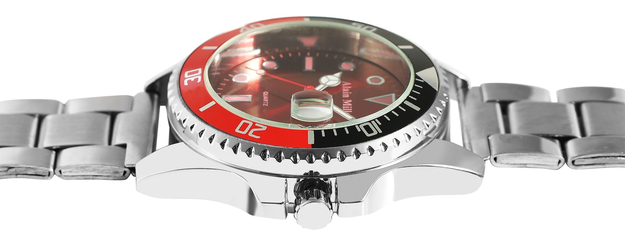 Alain Miller Herrenuhr mit Edelstahlarmband, Ø 39 mm, silberfarben/ rot/ schwarz