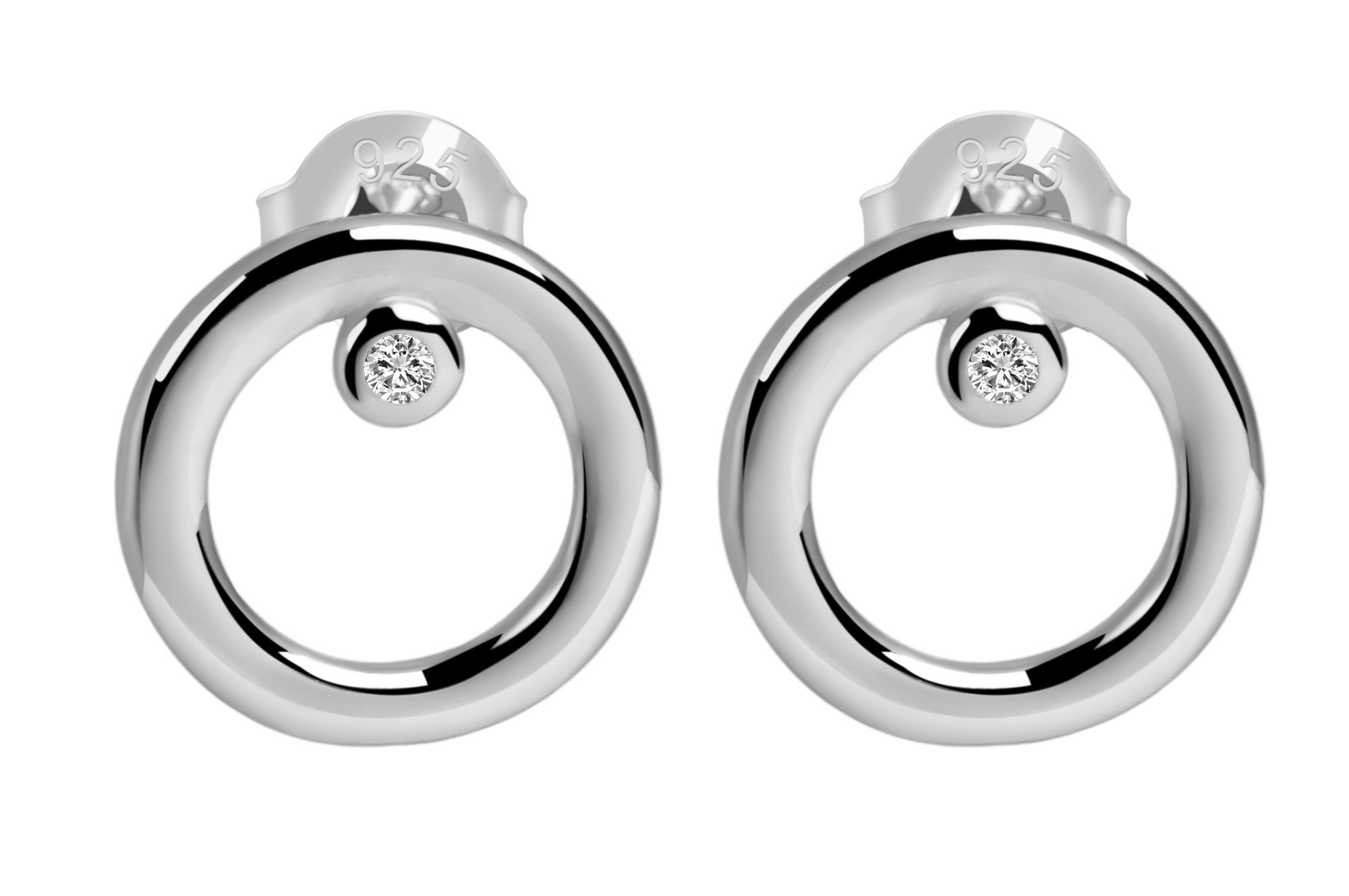 925/- Echt Silber Ohrstecker "Beatrice" mit Zirkonia, rund, rhodiniert