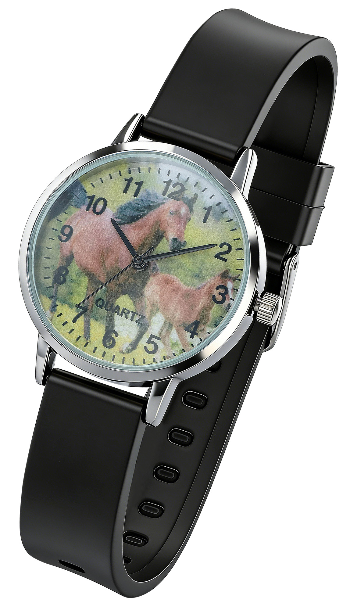 Excellanc Damenuhr/ Jugenduhr "Pferd“ Ø 32 mm, schwarzes Silikonband