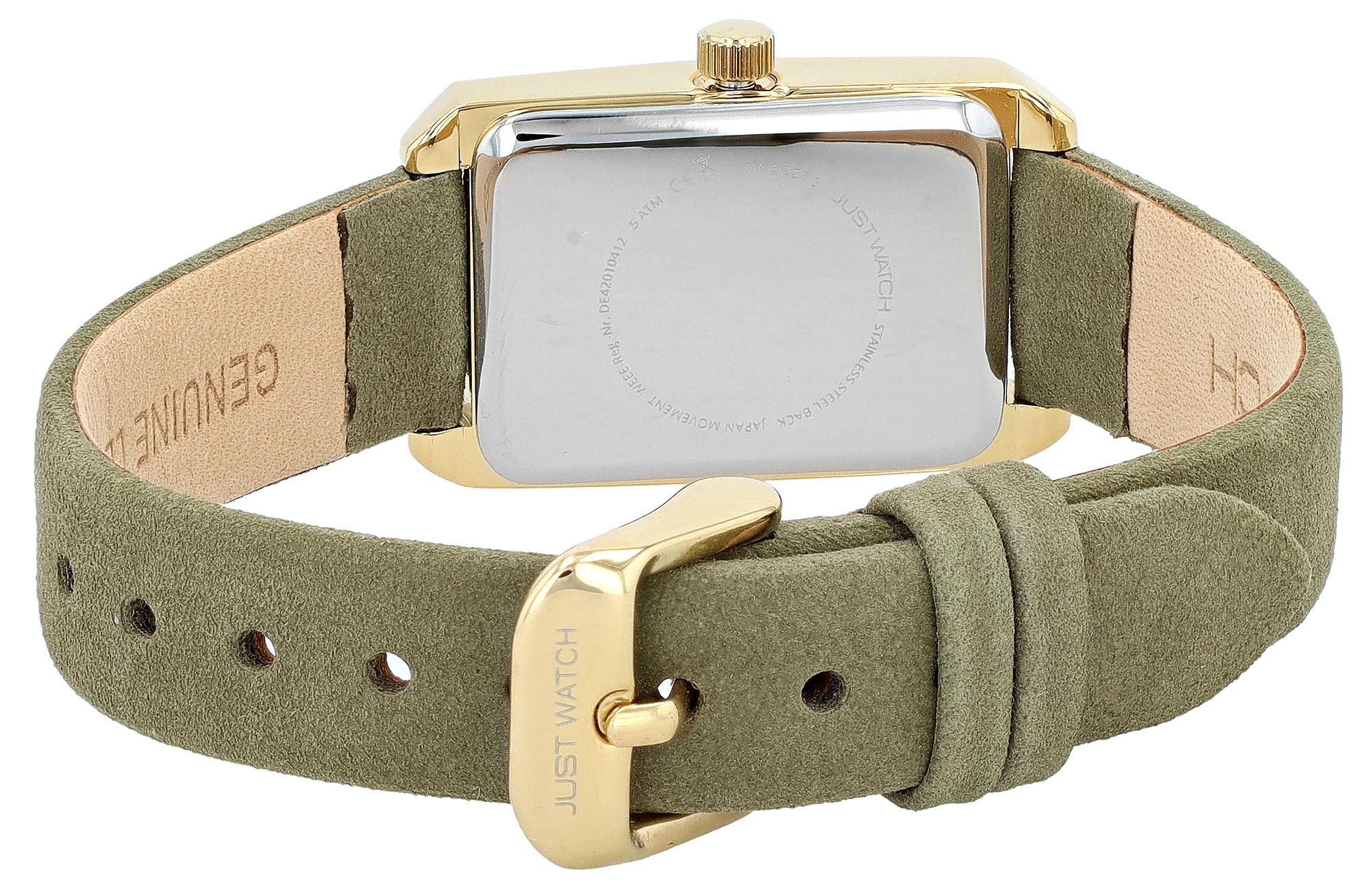 JUST WATCH Damenuhr "Mireya" mit Echtlederband, eckiges Design, khaki/ goldfarben