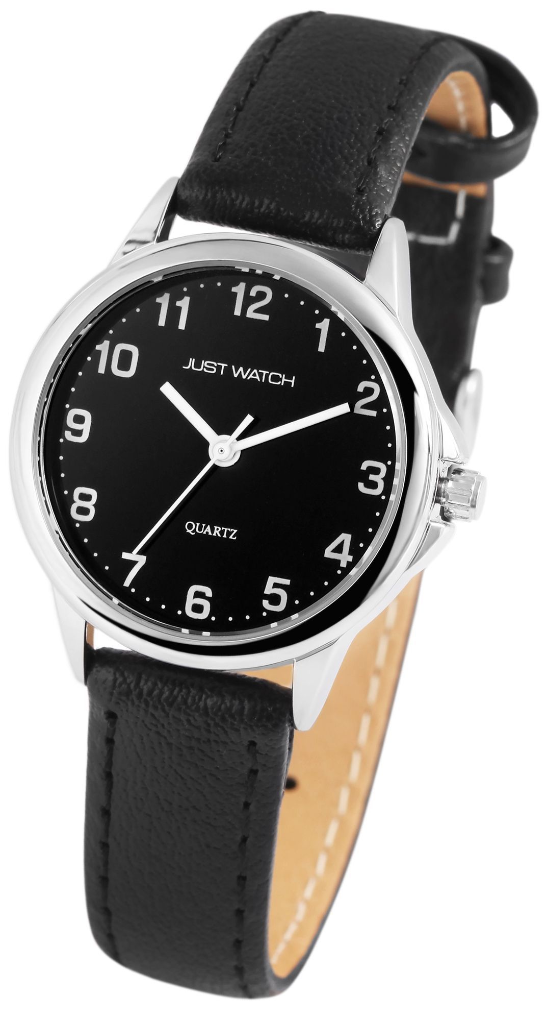 JUST WATCH "Brigitt" Damenuhr  Ø 29 mm, Echt Lederarmband, schwarz/ silberfarben/ schwarz