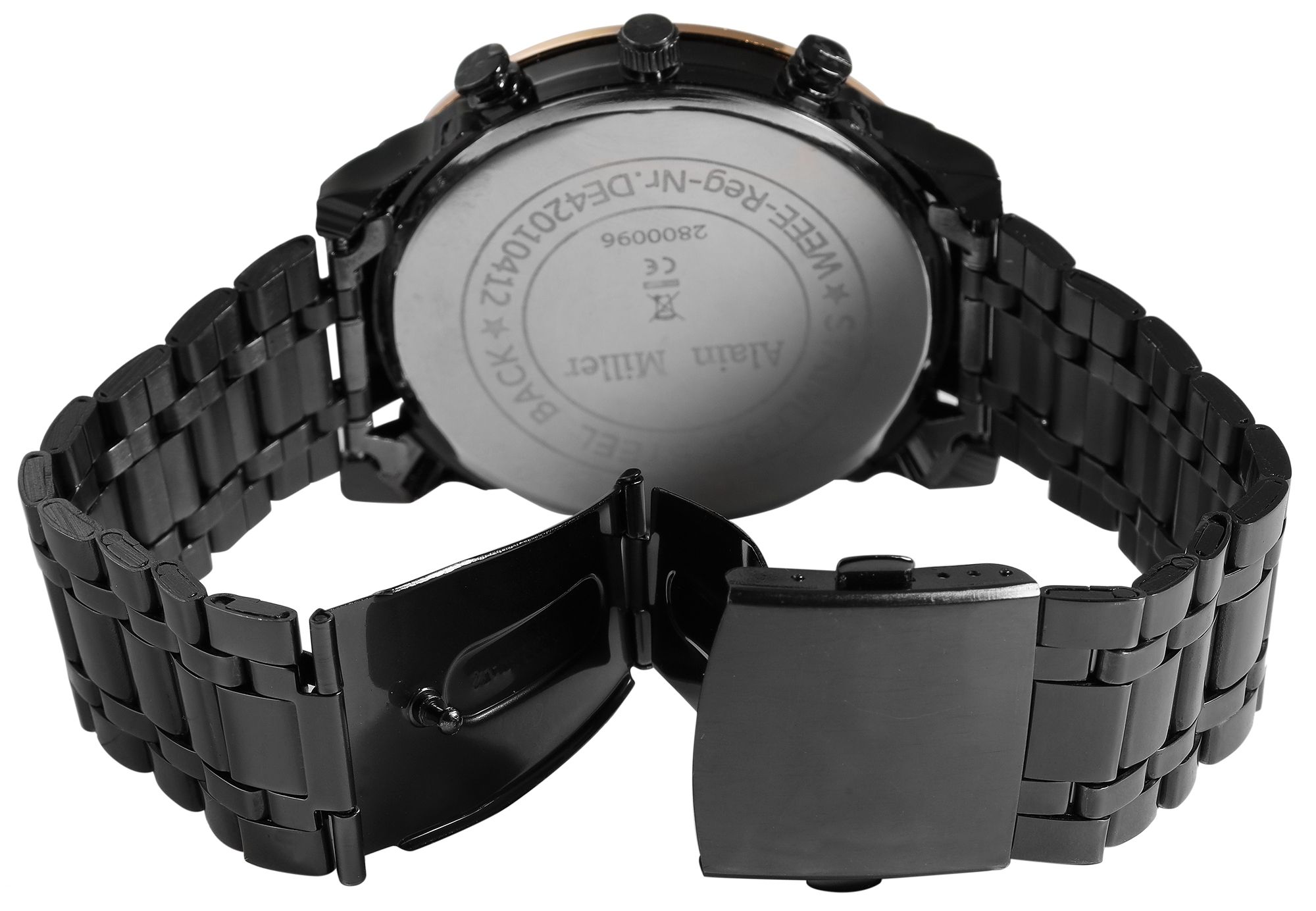 Alain Miller Herrenuhr mit Edelstahlband, schwarz/ rosegoldfarbig