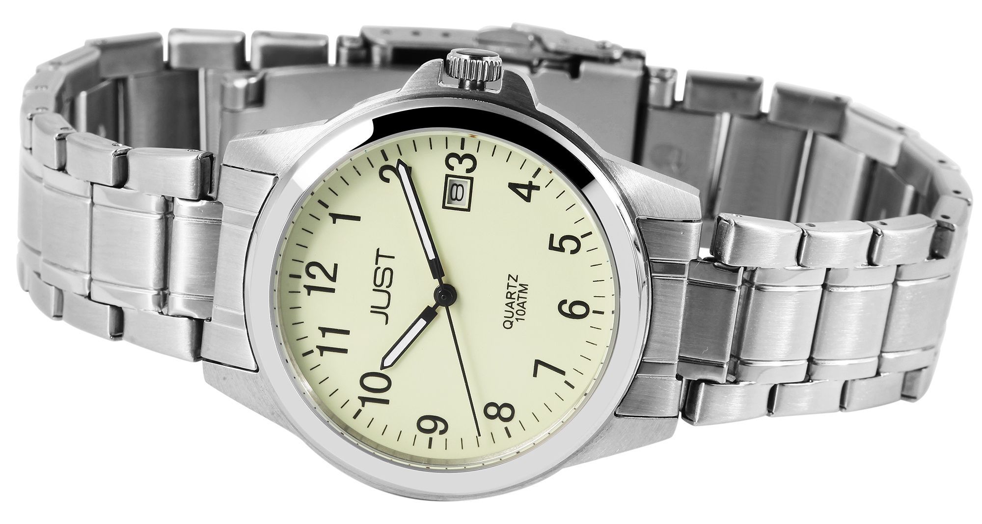 Just "Baroon" Herrenuhr mit Edelstahlband, 3-Zeiger, Datumsanzeige, silberfarben, Luminova ZB