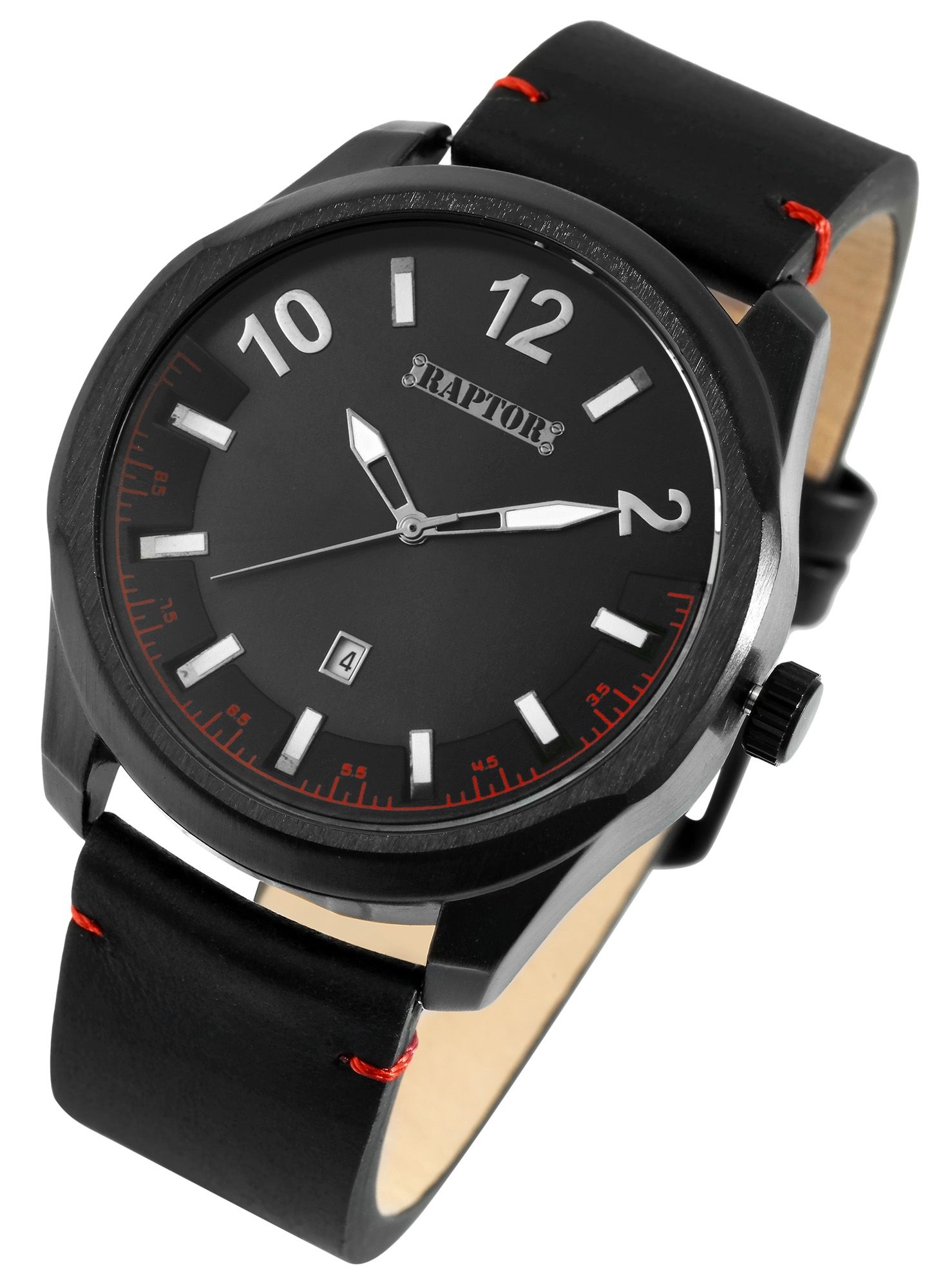 Raptor Herrenuhr "Charley" mit Echtlederarmband, Datumsanzeige, schwarz/rot