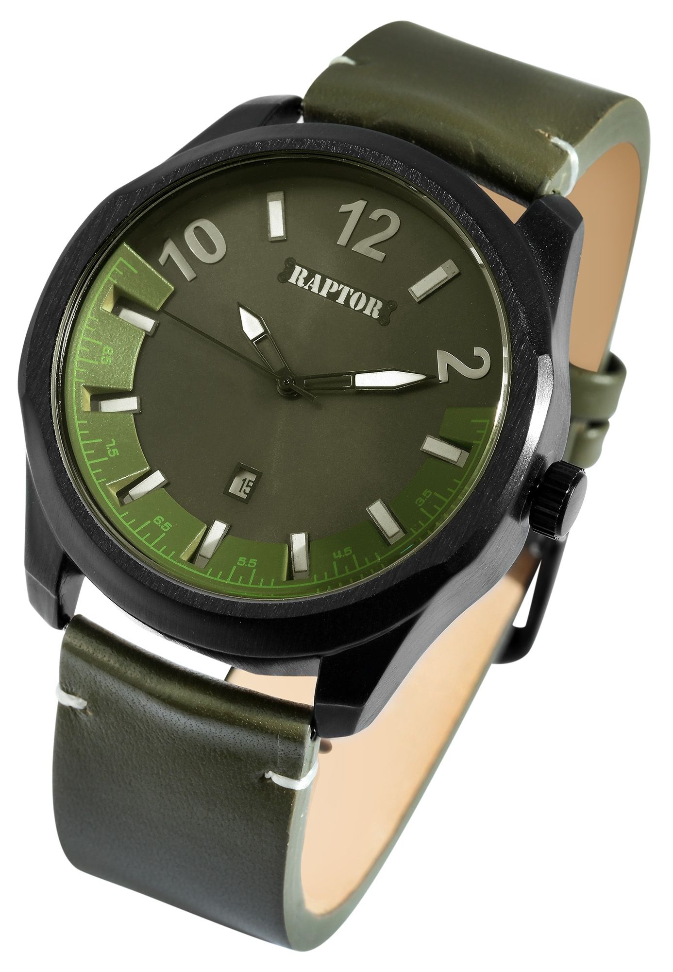 Raptor Herrenuhr "Charley" mit Echtlederarmband, Datumsanzeige, grün