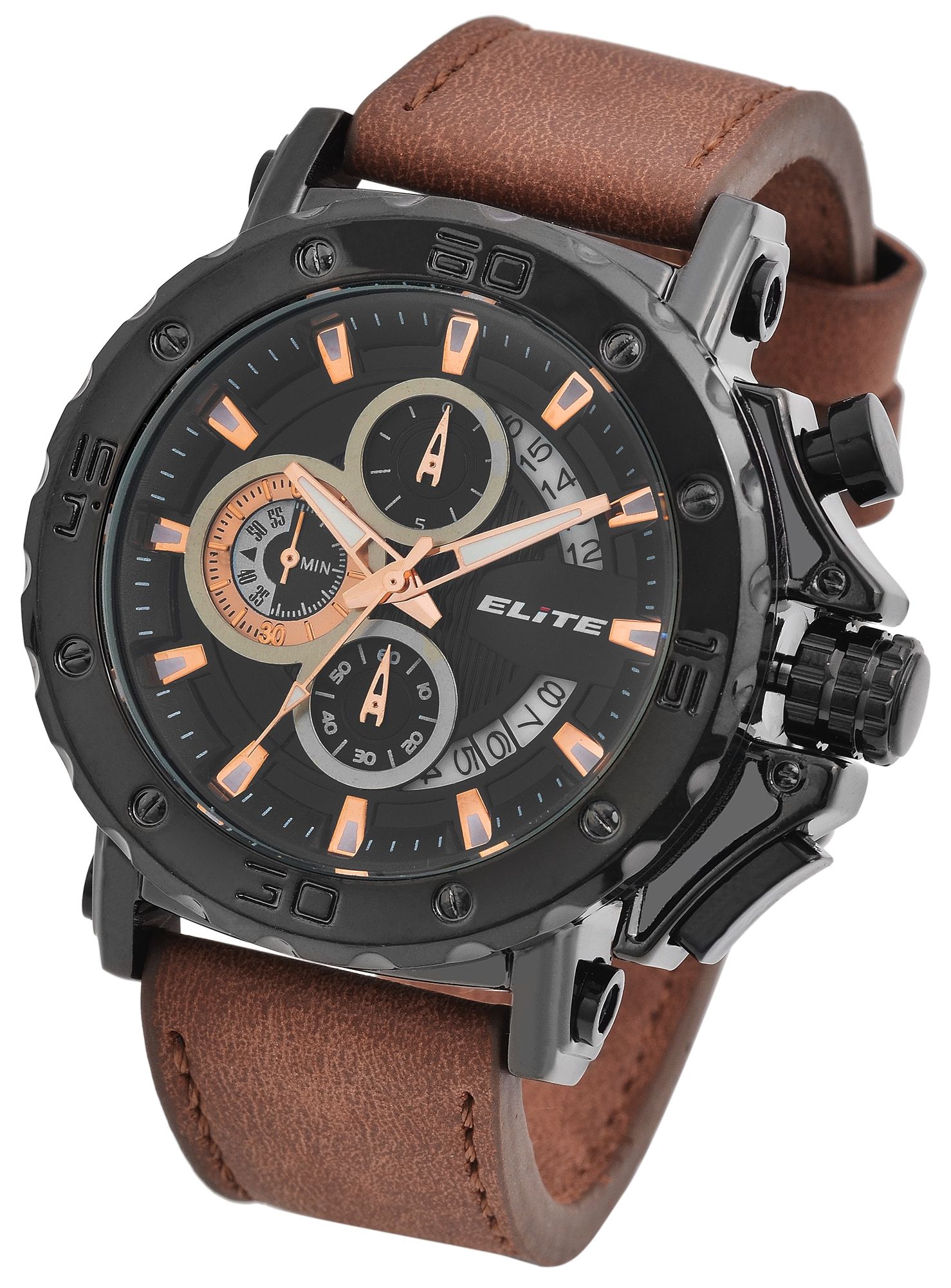 ELITE Herrenchronograph mit Lederimitationsarmband in braun/schwarz