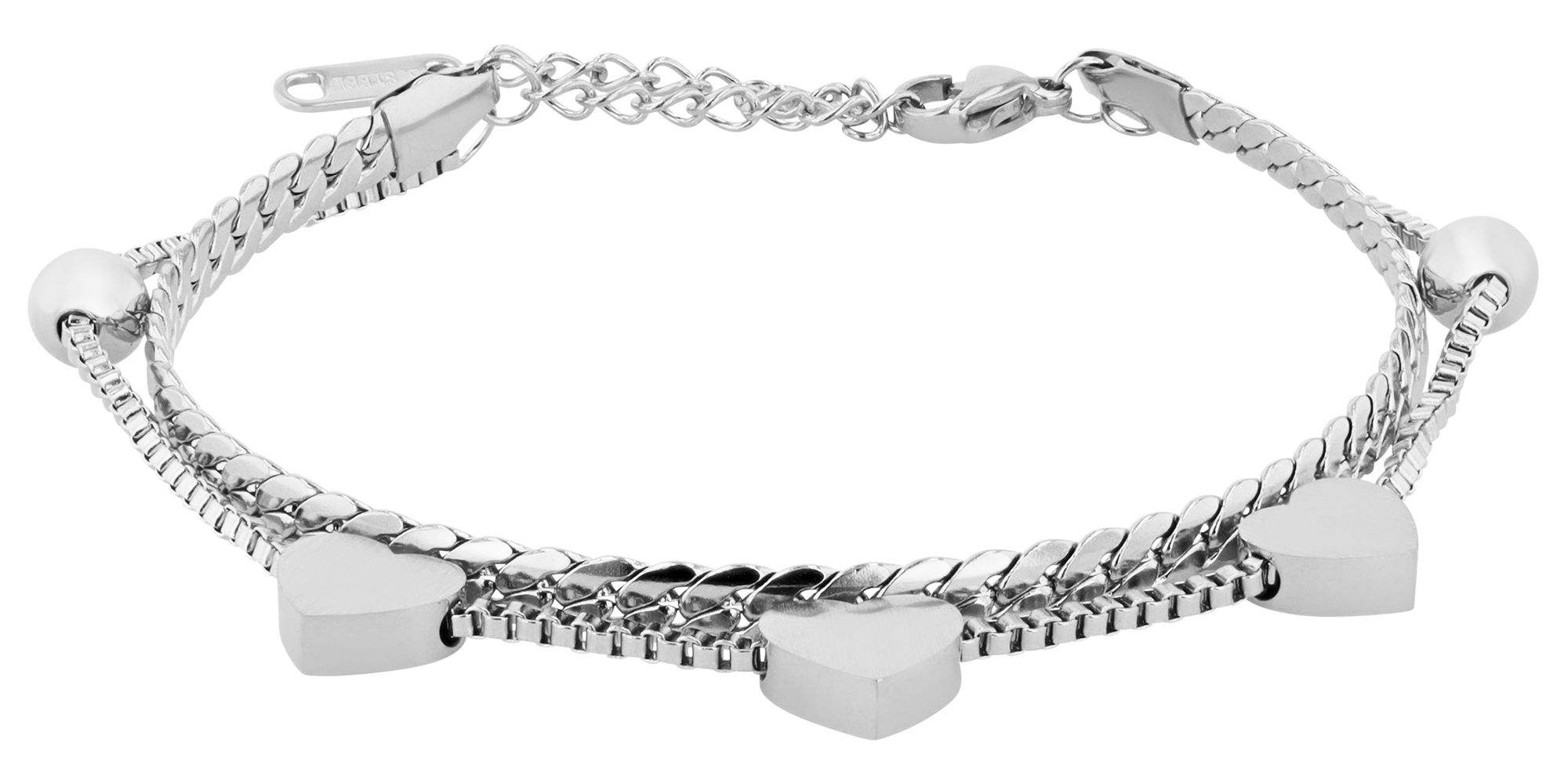 "Roxane" 2 Layering Armband, Edelstahl, Herzen & Kugeln, 17+5 cm, silberfarben