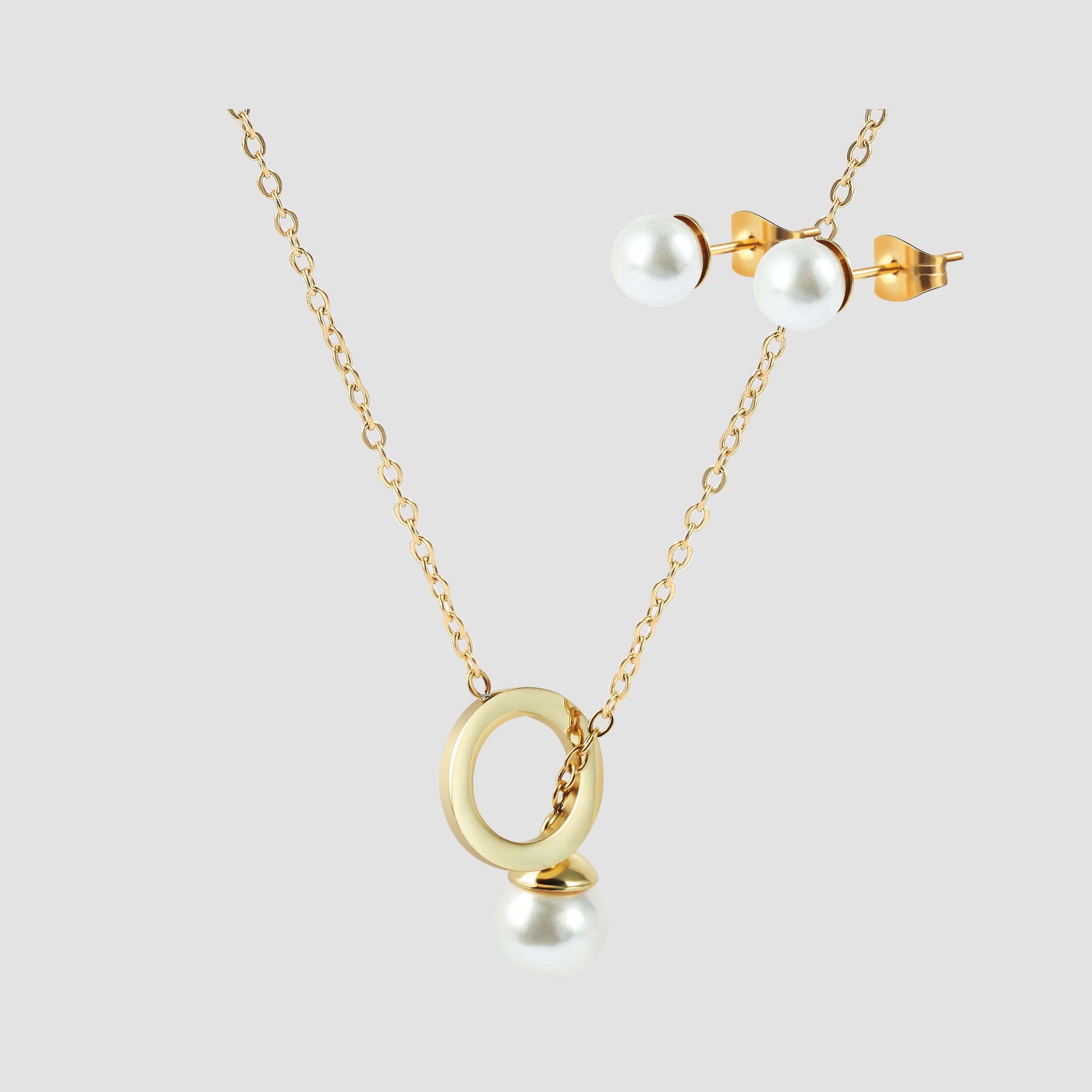 Akzent Schmuckset, Kette und Ohrstecker, Edelstahl, Perle, goldfarben