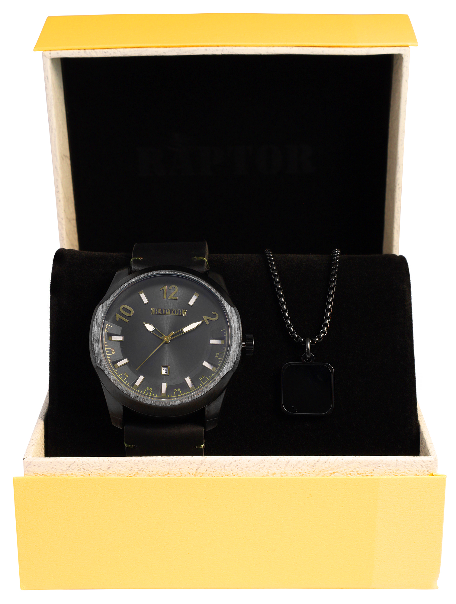 Raptor Herren Geschenkset - Herrenuhr Echlederband mit Edelstahlkette 61 cm & Natursteinanhänger