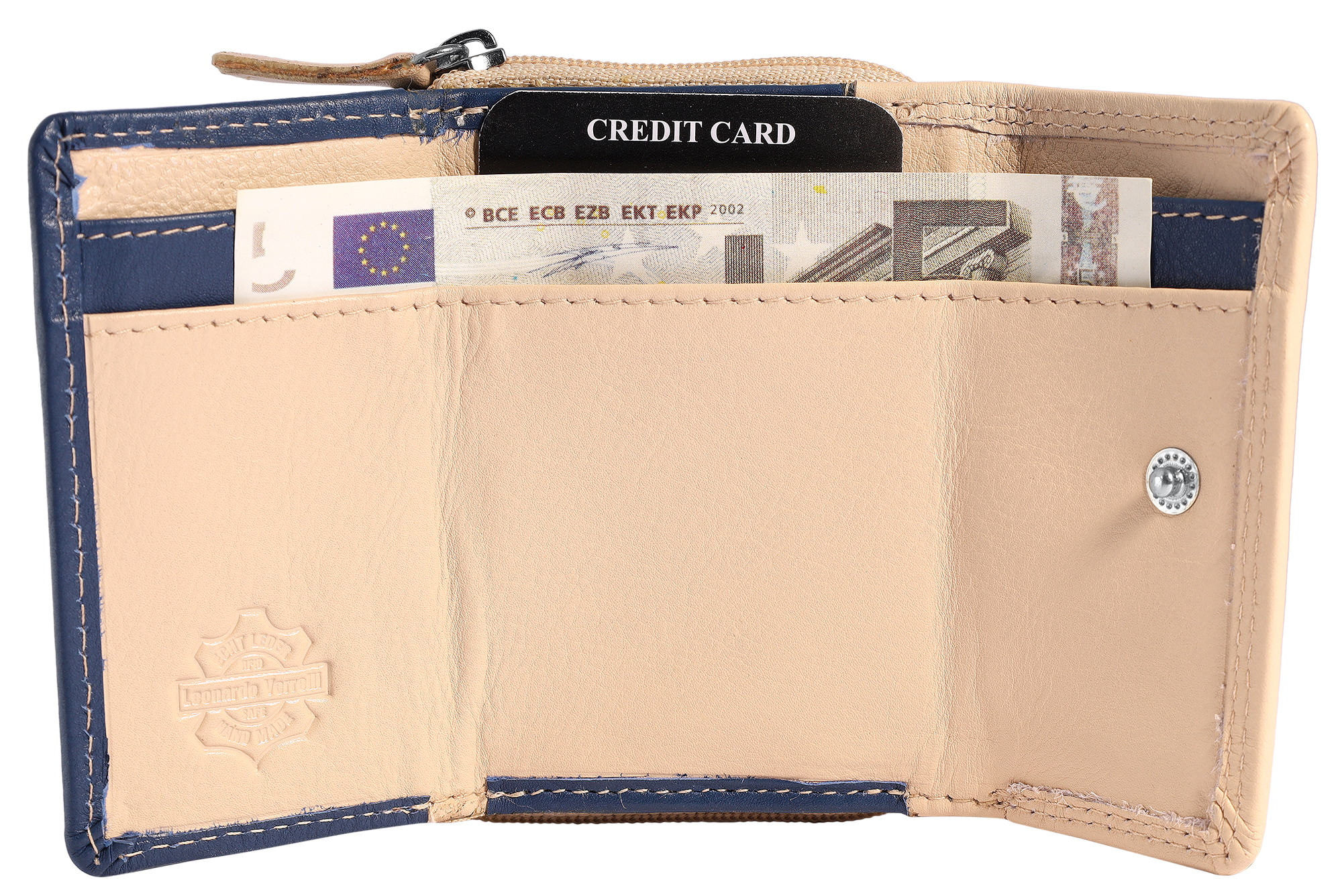 Leonardo Verrelli Echtleder (Nappa) Damen Geldbörse, klein, Querformat, RFID, beige/ blau