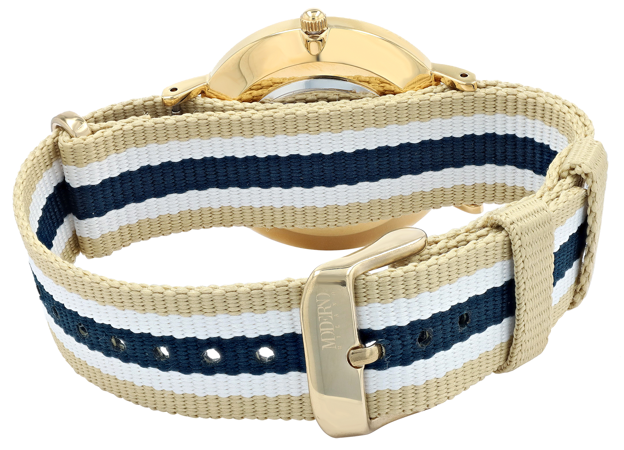 Moderno Milano Edelstahl Damenuhr 36,5 mm, Saphirglas & Nylon-NATO-Band (Blau-Beige-Weiß), goldfarben