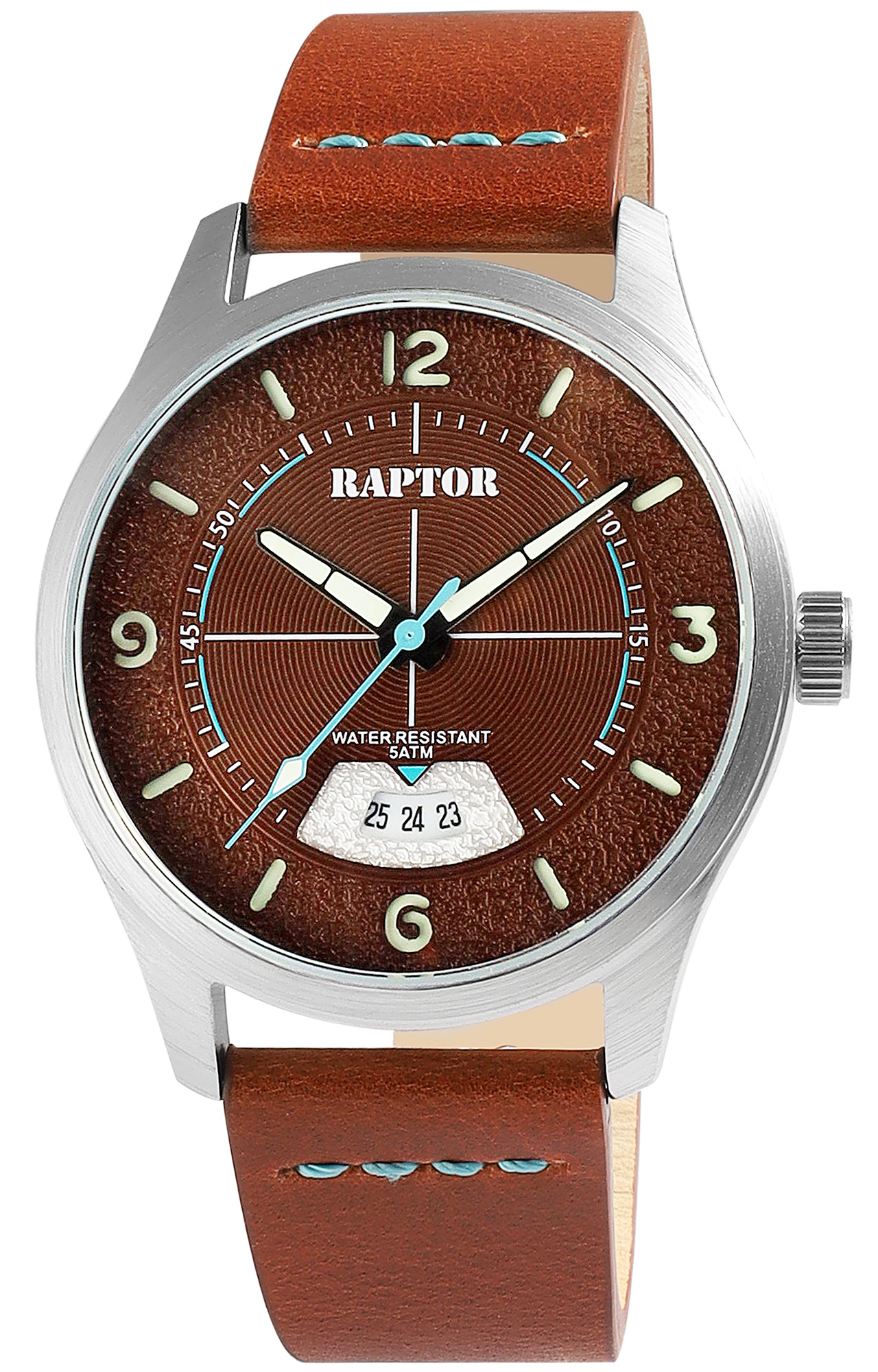 Raptor Herrenuhr "Falkor" mit Lederarmband, Datumsanzeige, 5 ATM, braun