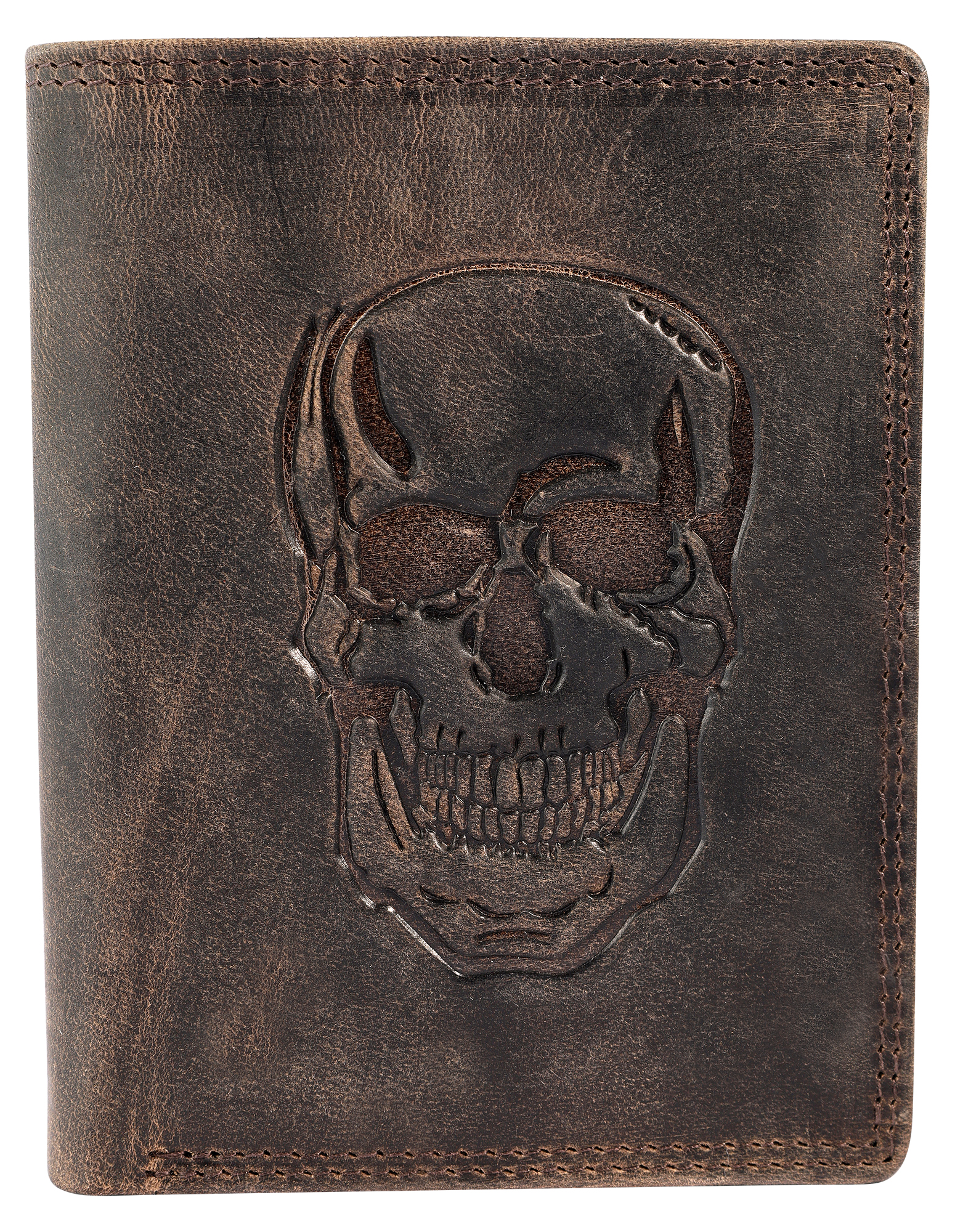 Akzent Echt Leder (Hunter-Leder) Geldbörse, RFID, Hochformat, "Totenkopf", dunkelbraun