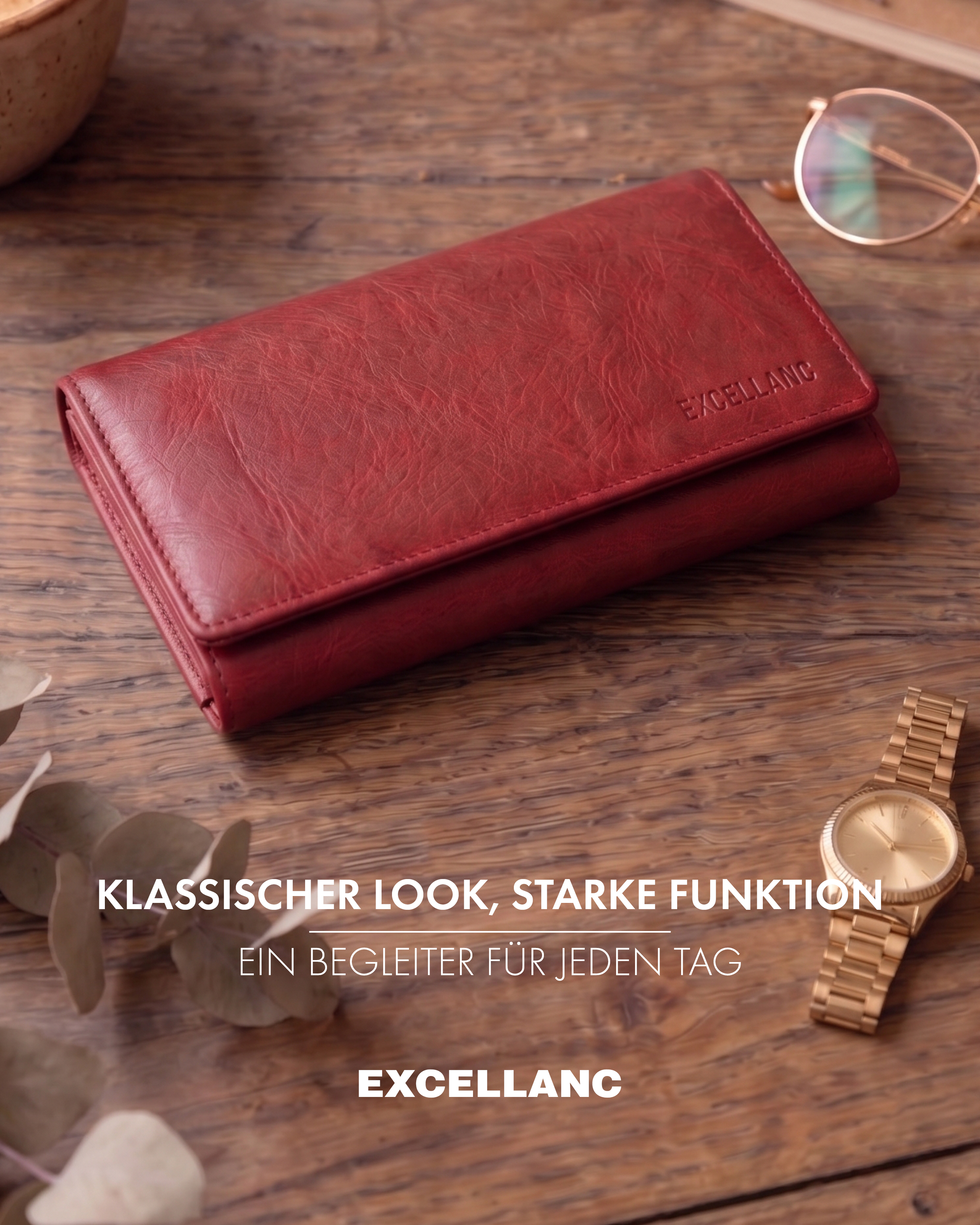 Excellanc Damen Geldbörse, Echtleder (Nappa), RFID, Querformat, rot
