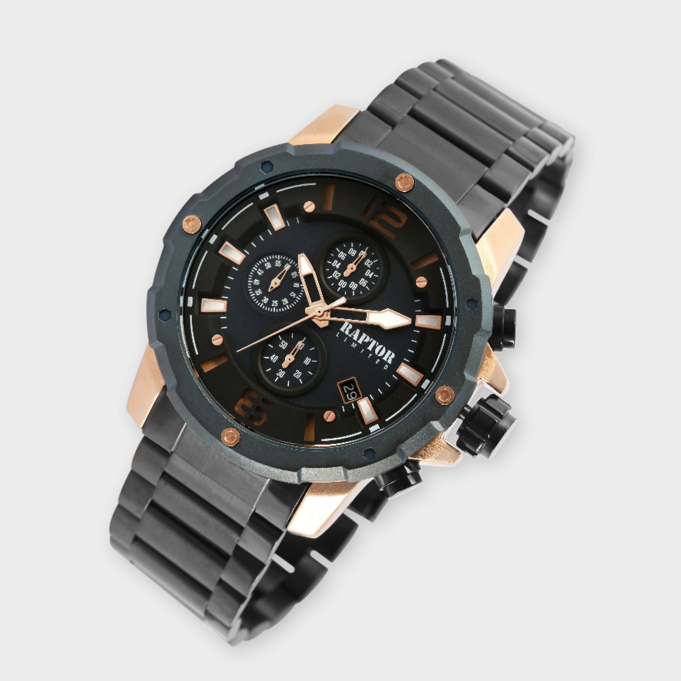 Raptor Limited Herrenchronograph "Soheil" mit Edelstahlarmband, schwarz/roségoldfarben