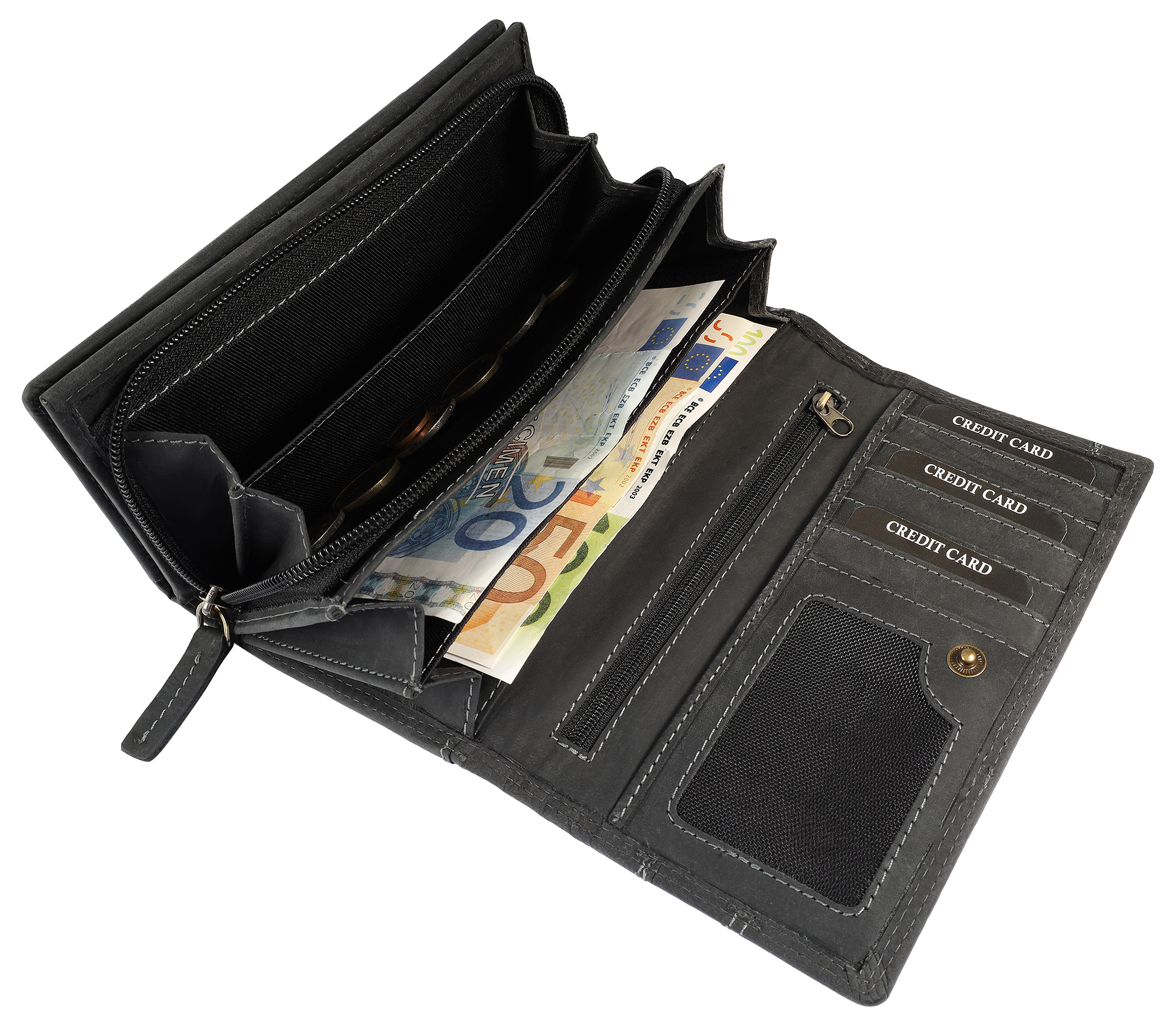 Leonardo Verrelli, Echtleder (Vintage) Damen Geldbörse, länglich & RFID, schwarz