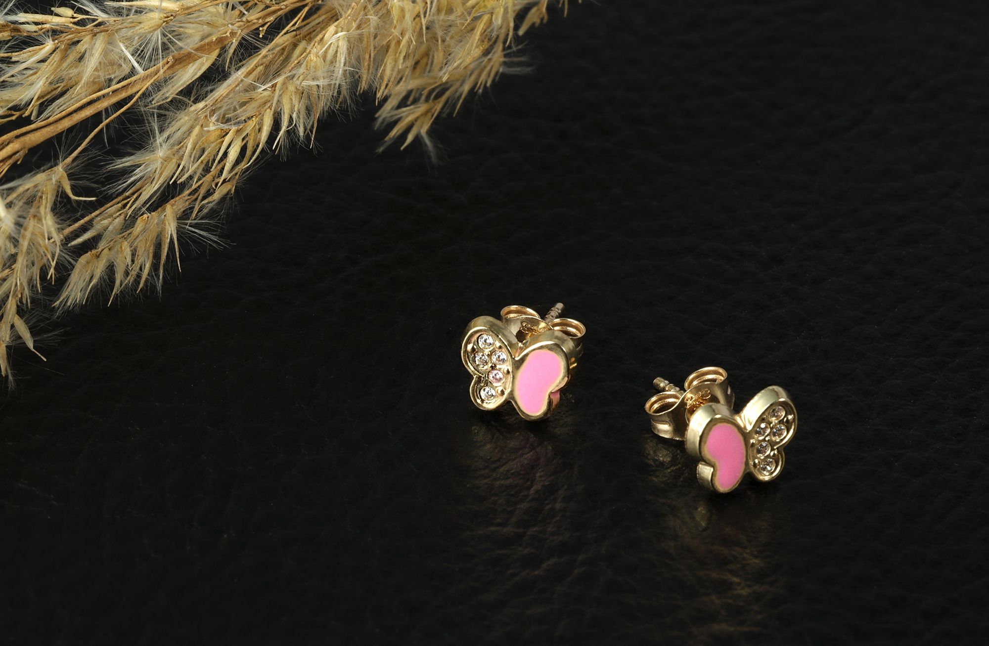 333/- Gold "Mahila" Ohrstecker, Schmetterling mit Zirkonia & Emaille, Gelbgold, 8 Karat, Kinder