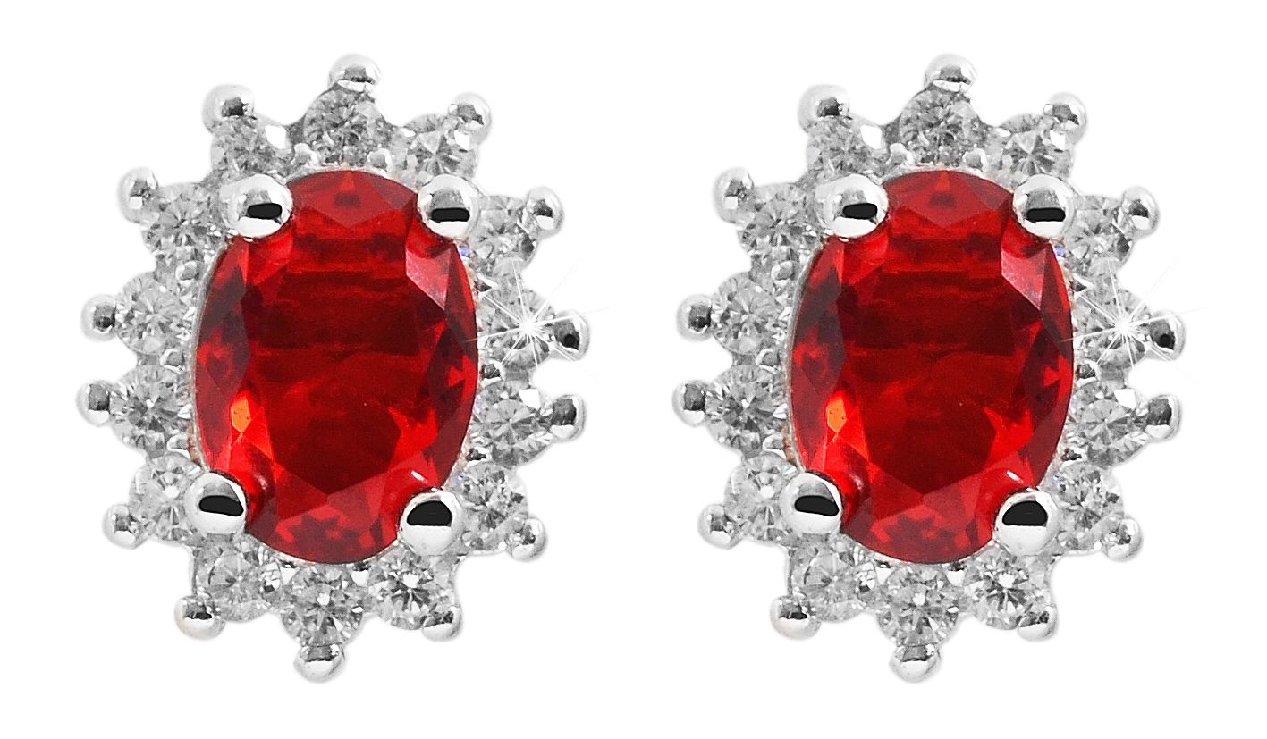 "Diana" 925/- Echt Silber Ohrstecker - Entourage-Stil, Zirkonia rot, rhodiniert