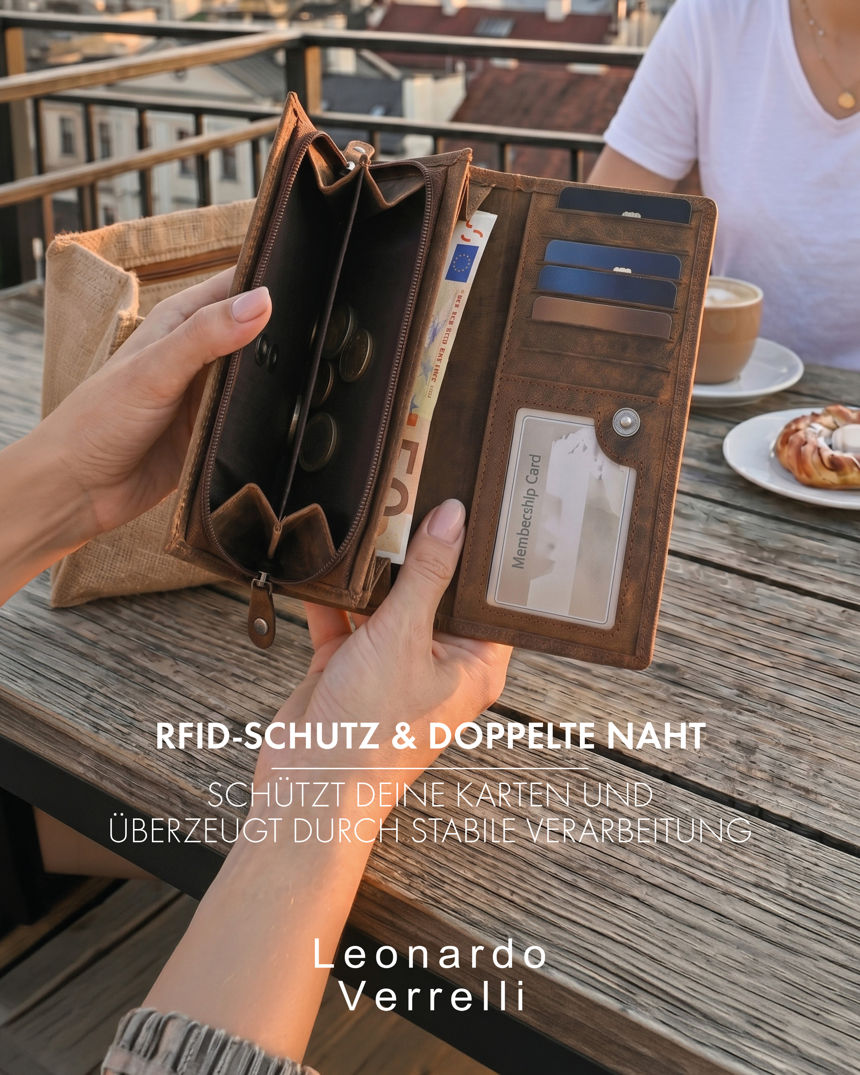 Leonardo Verrelli Echtleder (Hunter) Damen Geldbörse, Querformat, RFID, braun