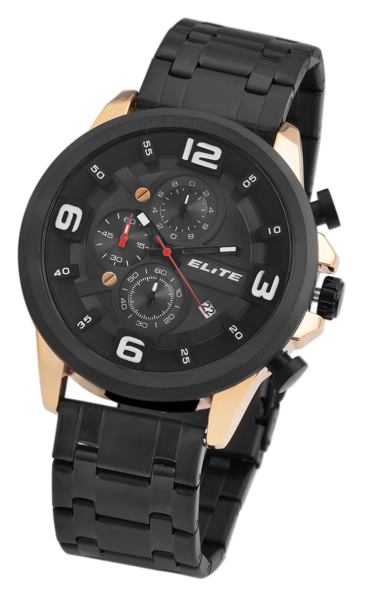Elite Herren Chronograph mit Metallband, 3ATM, Schwarz/ goldfarbig