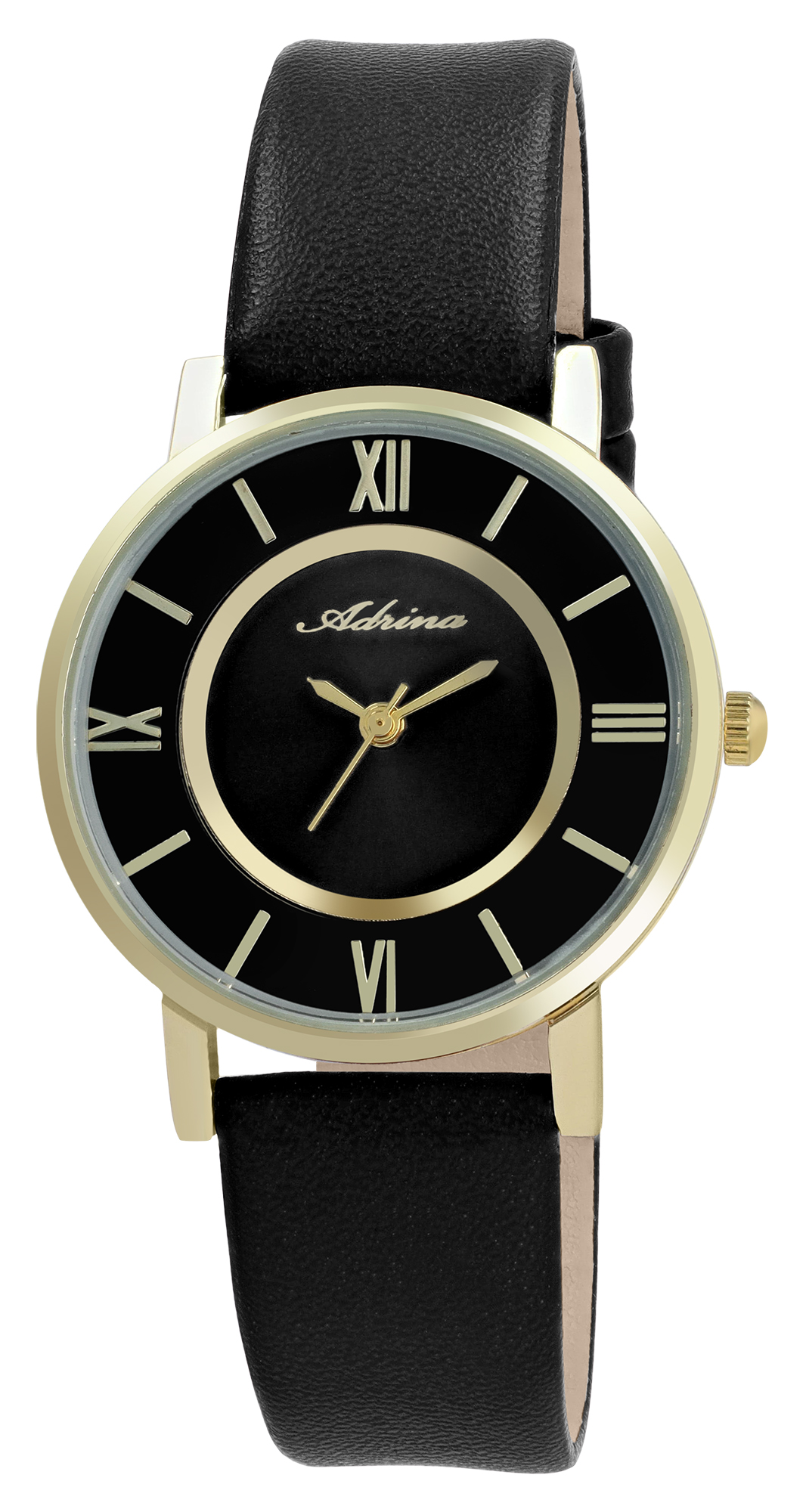 Adrina Damenuhr mit Lederimitationsband, Ø 32 mm, schwarz/ goldfarben