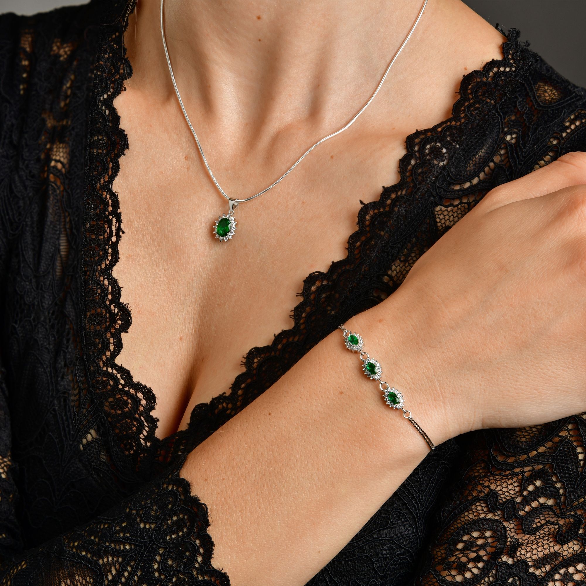 "Diana" 925/- Echt Silber Armband 17+3cm - Entourage Stil, Zirkonia - grün, rhodiniert
