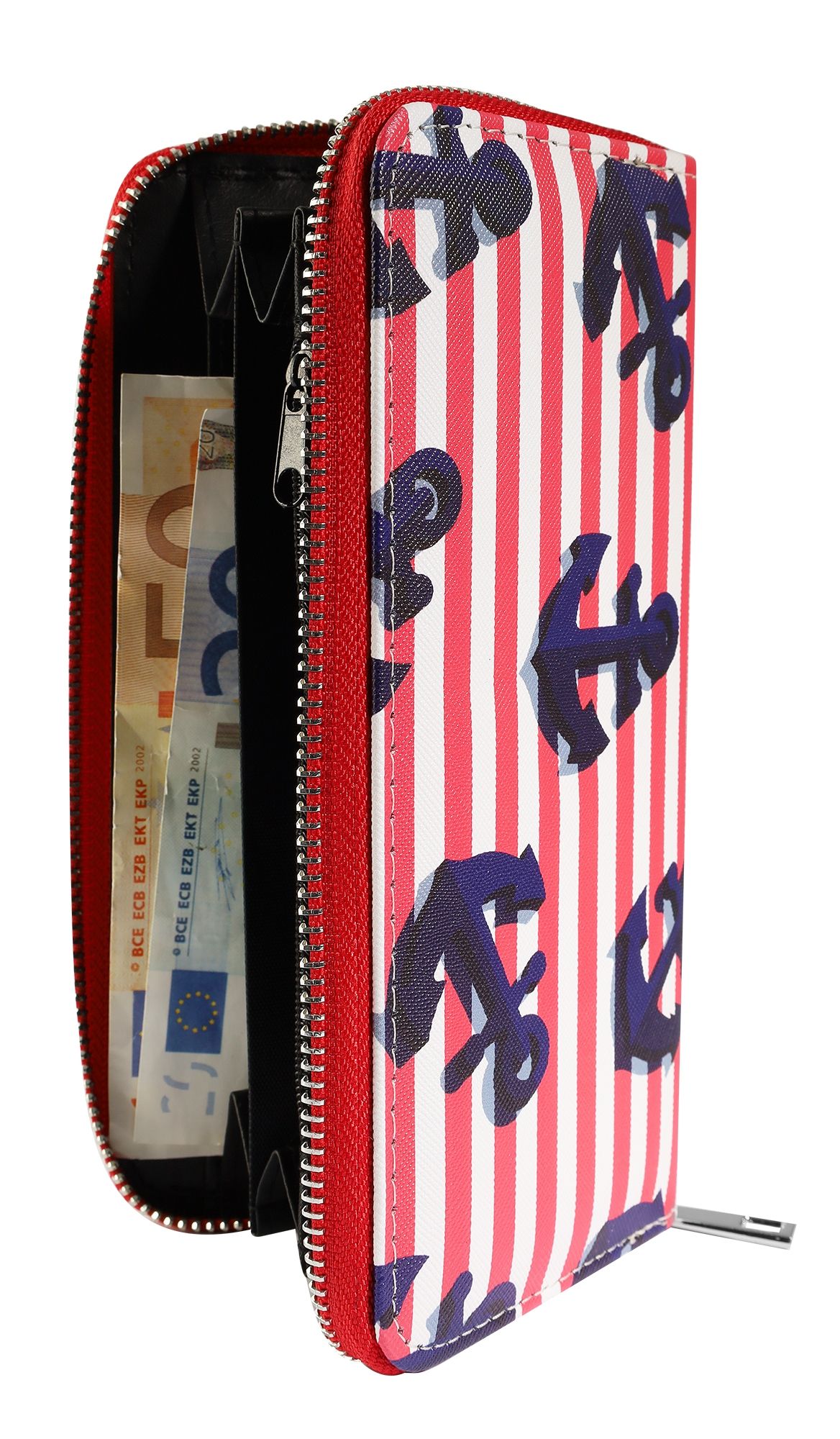 Cham Cham Damengeldbörse aus Lederimitat, martimes Design, rot/weiß mit blauen Ankern