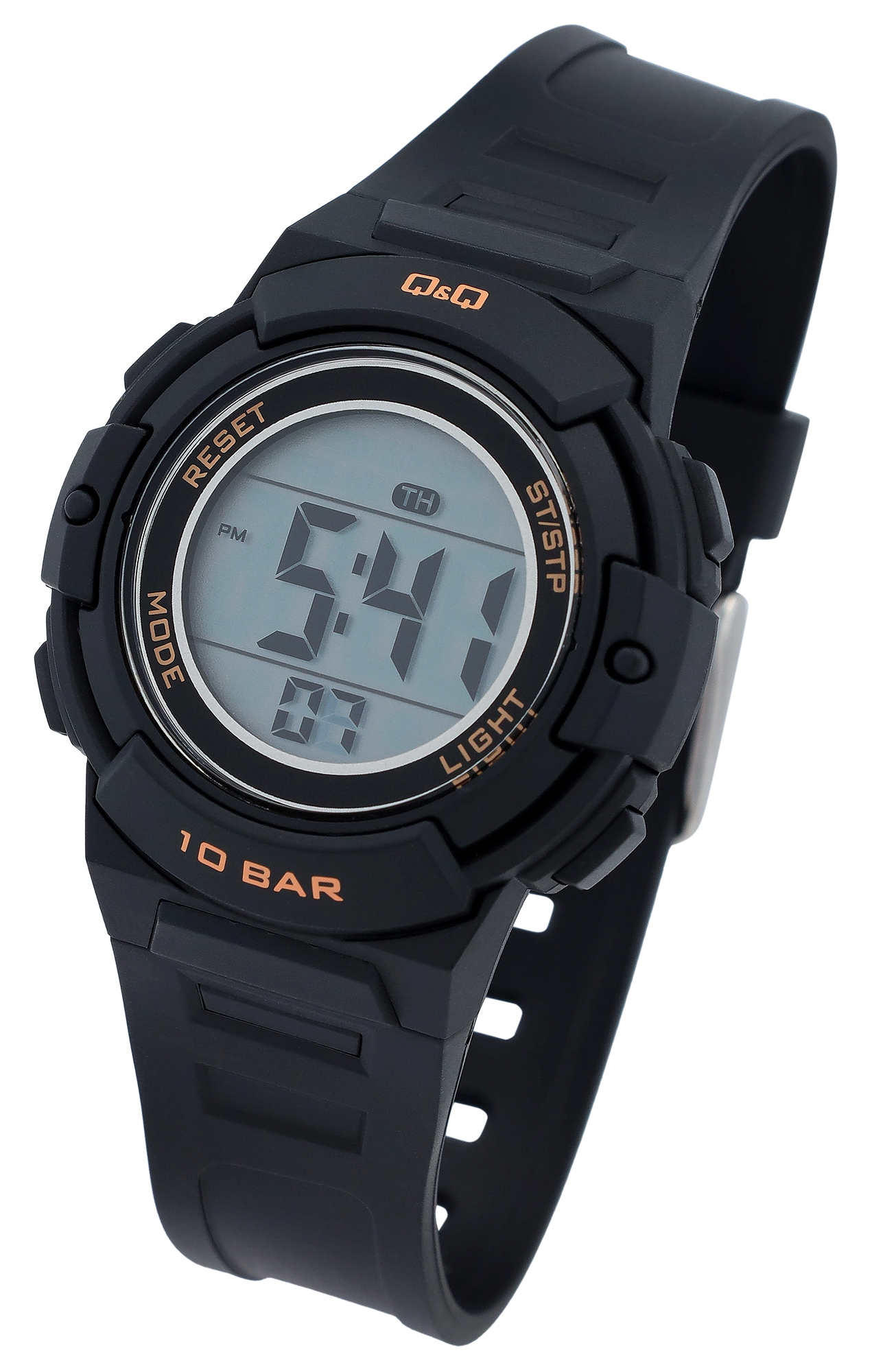 Q&Q Digitale Herren- & Jugenduhr, Resinband Ø 36 mm, 10 ATM, schwarz